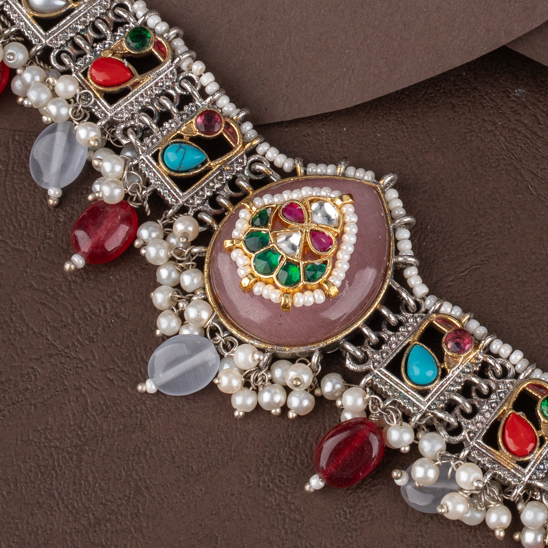 Oxidised Kundan Teardrop Choker Necklace Set with Gemstone Beads & Dome Jhumkas