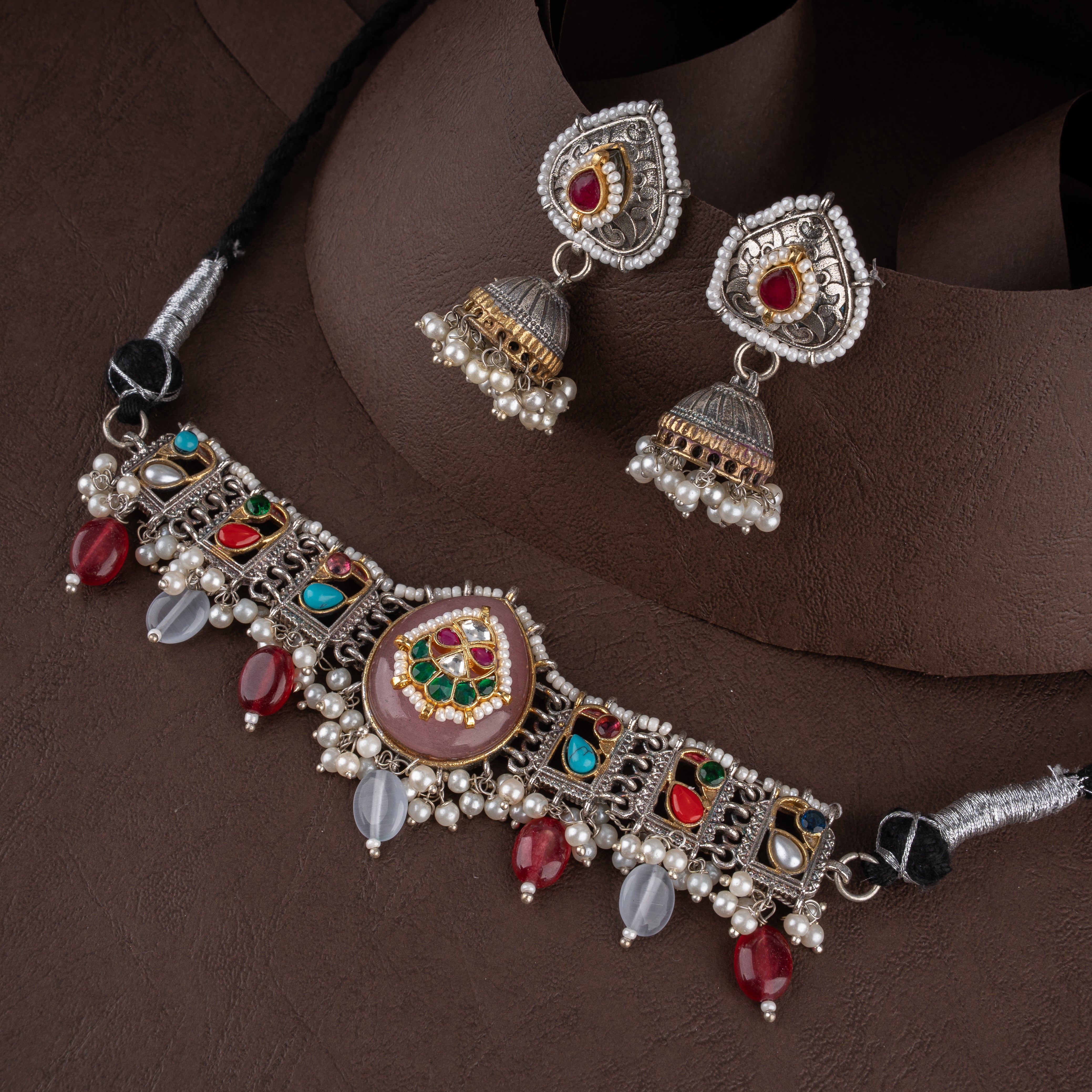 Oxidised Kundan Teardrop Choker Necklace Set with Gemstone Beads & Dome Jhumkas