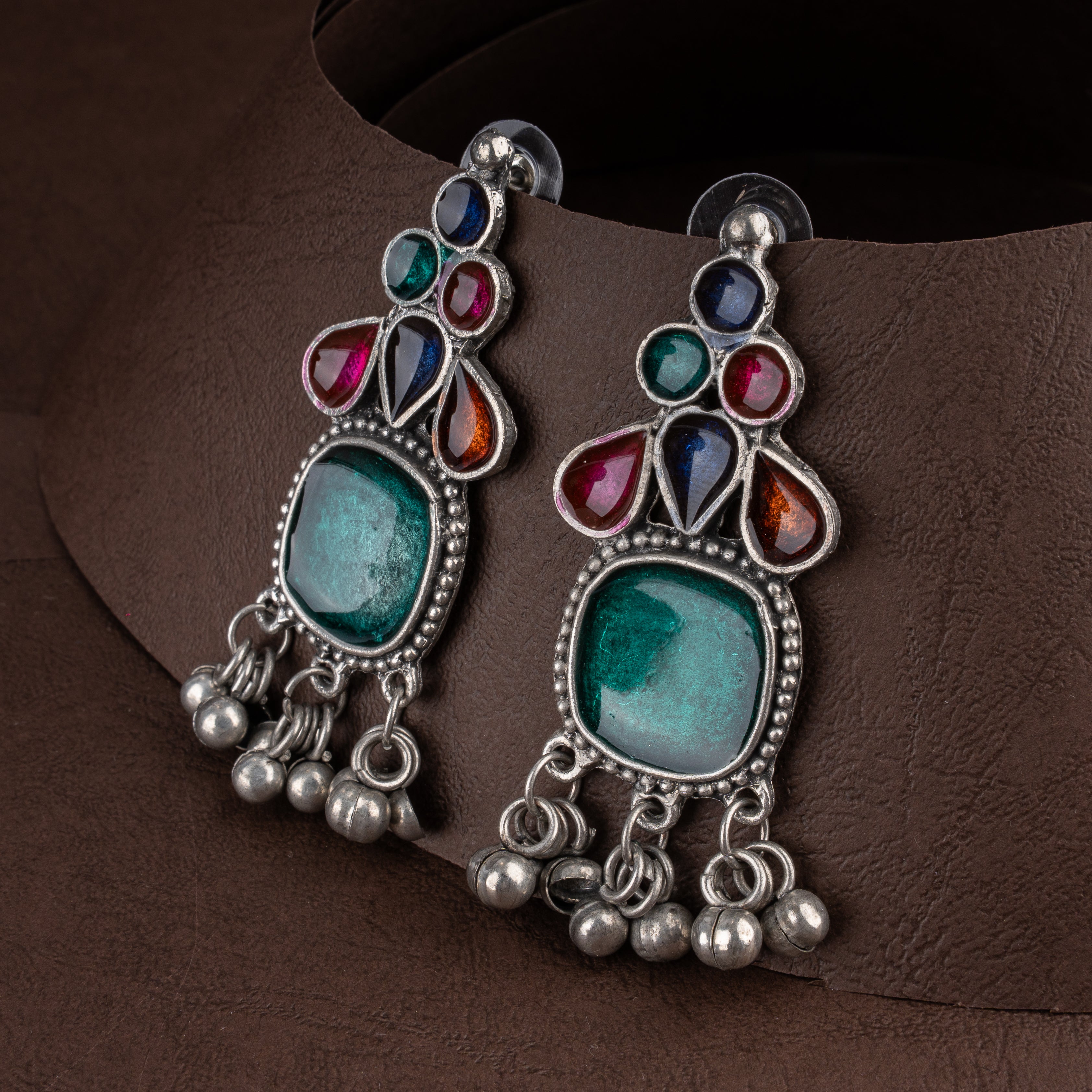 Navratan-Inspired Multicolor Glass Cabochon Statement Necklace Set with Ghungroos