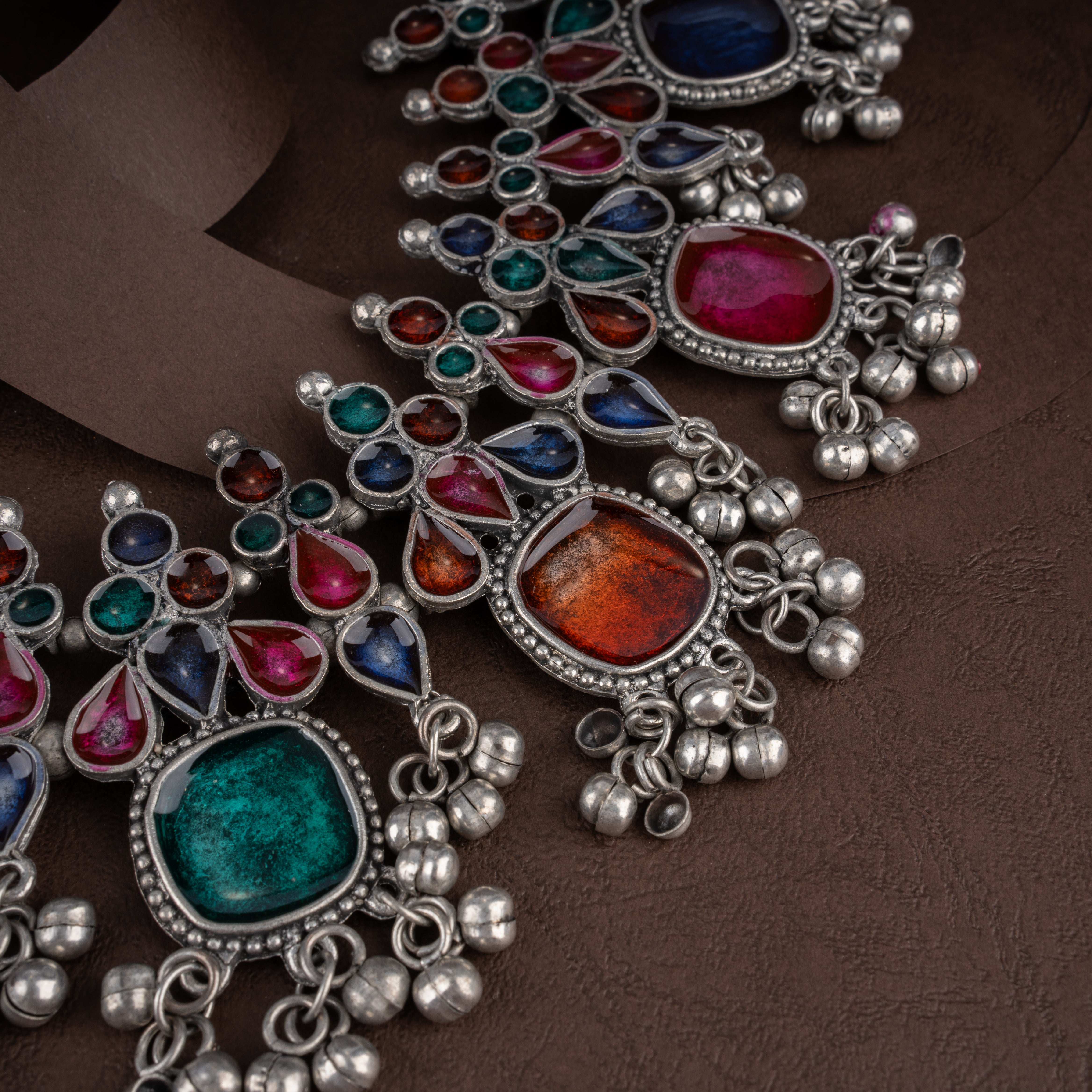 Navratan-Inspired Multicolor Glass Cabochon Statement Necklace Set with Ghungroos
