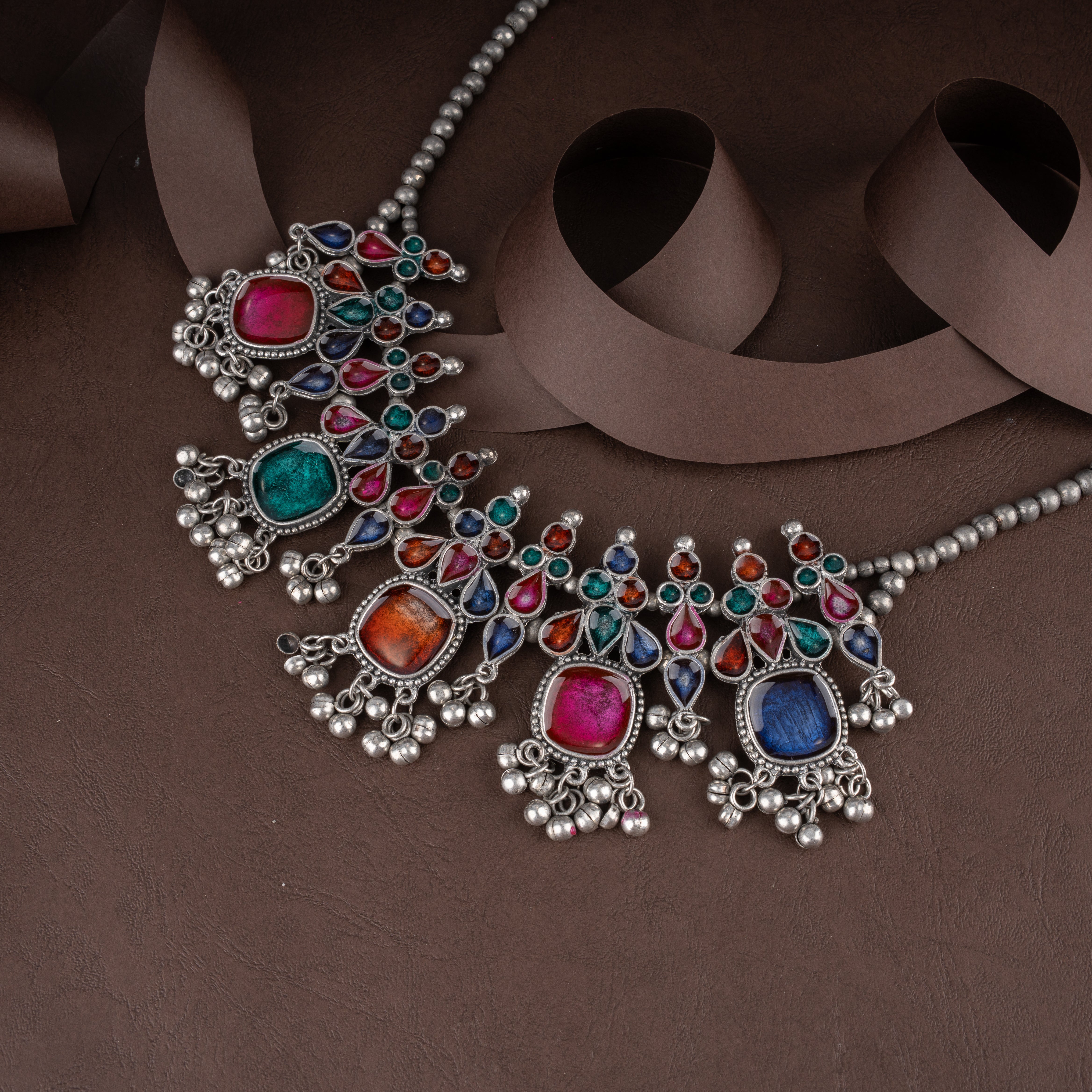 Navratan-Inspired Multicolor Glass Cabochon Statement Necklace Set with Ghungroos