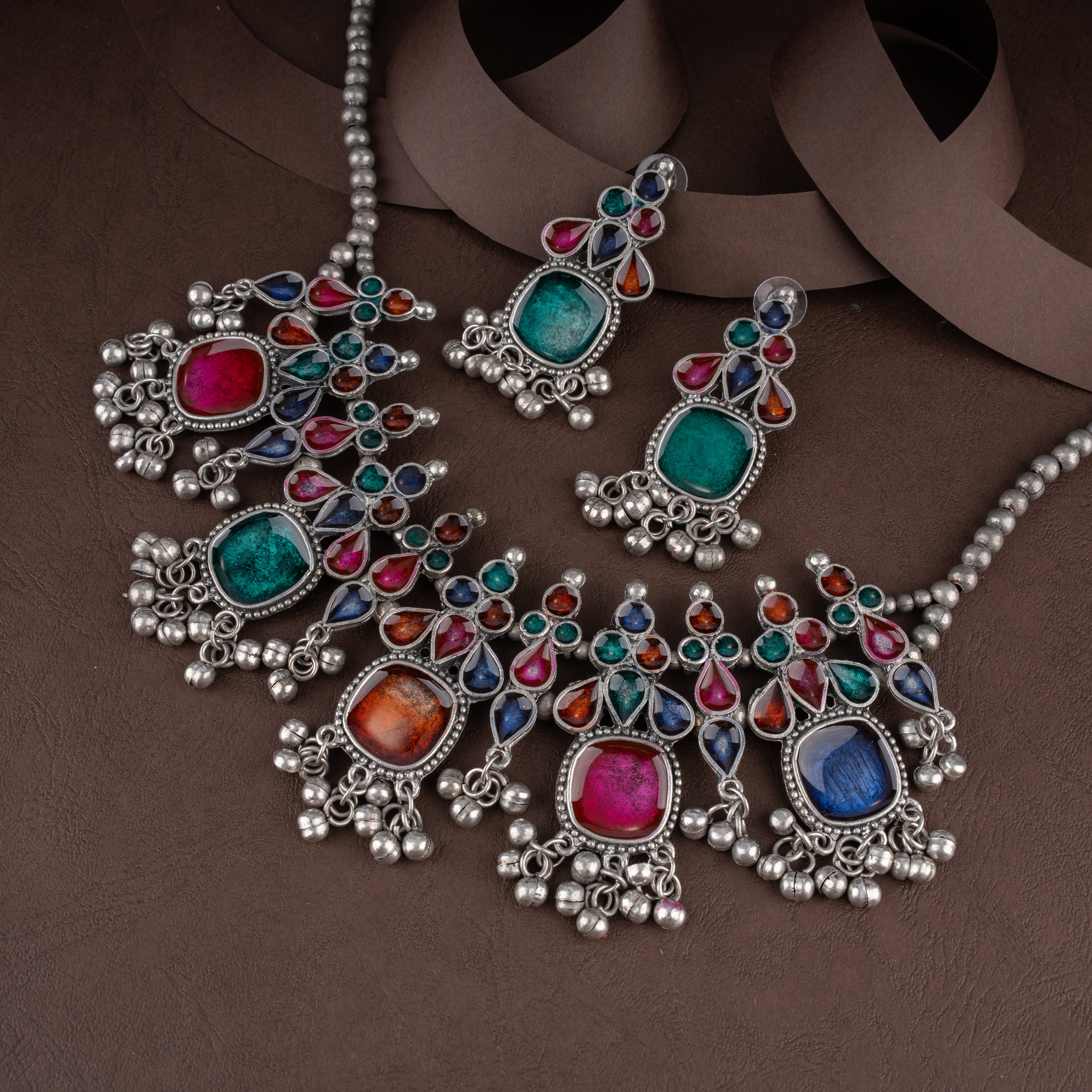 Navratan-Inspired Multicolor Glass Cabochon Statement Necklace Set with Ghungroos