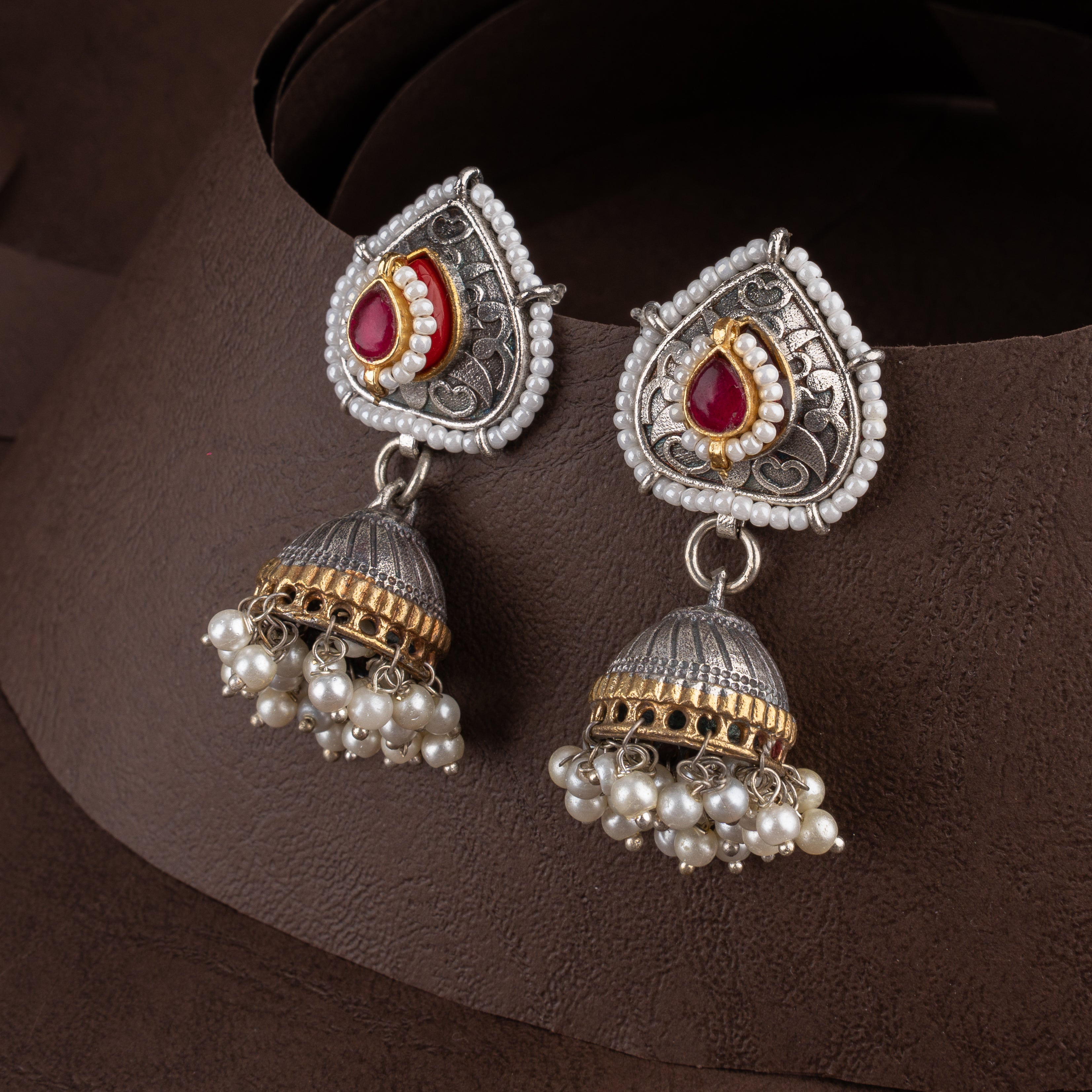Oxidised Kundan Teardrop Choker Necklace Set with Gemstone Beads & Dome Jhumkas