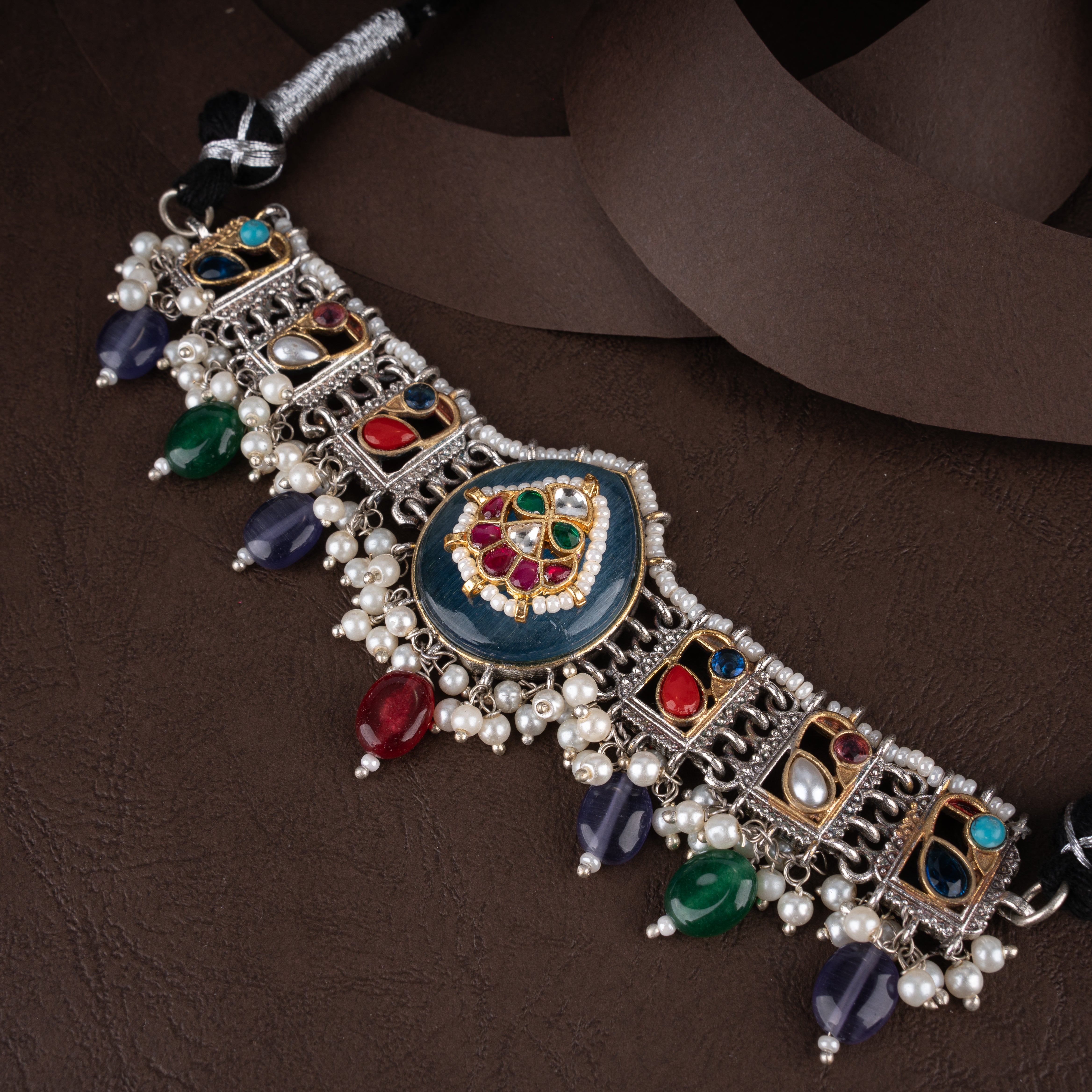 Oxidised Kundan Teardrop Choker Necklace Set with Gemstone Beads & Dome Jhumkas