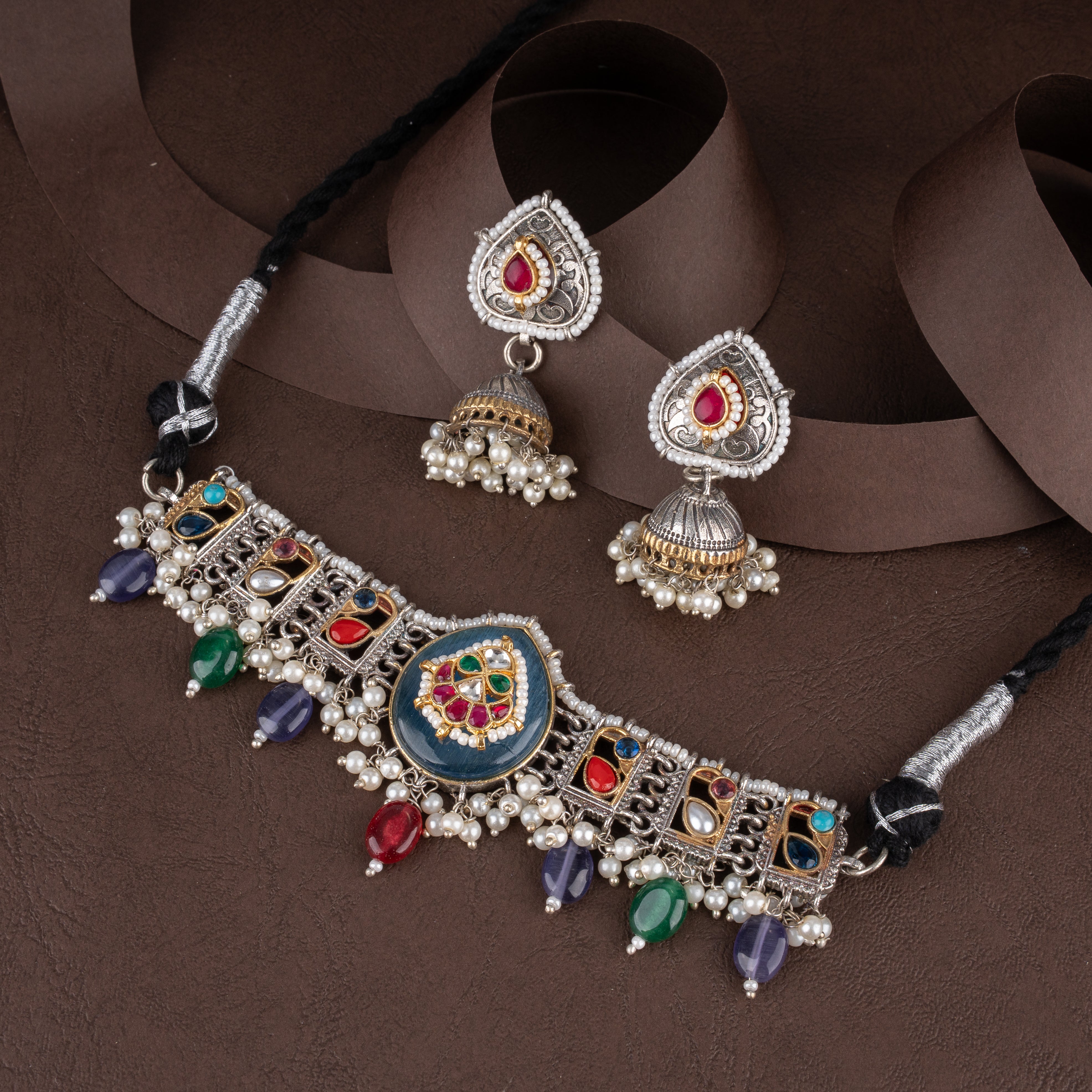 Oxidised Kundan Teardrop Choker Necklace Set with Gemstone Beads & Dome Jhumkas