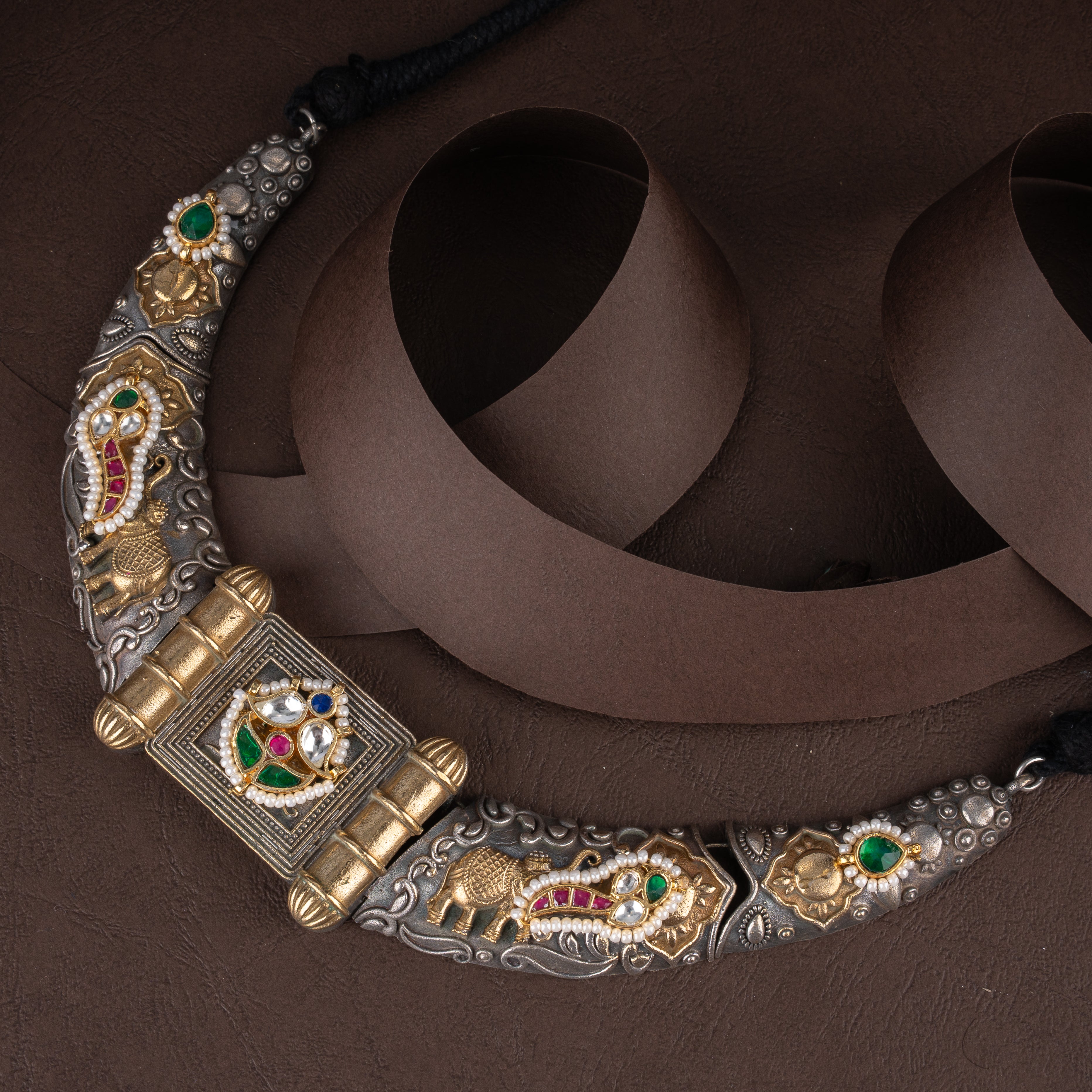 Oxidised Royal Elephant Tablet Hasli Collar Necklace Set with Kundan Medallion & Square Studs