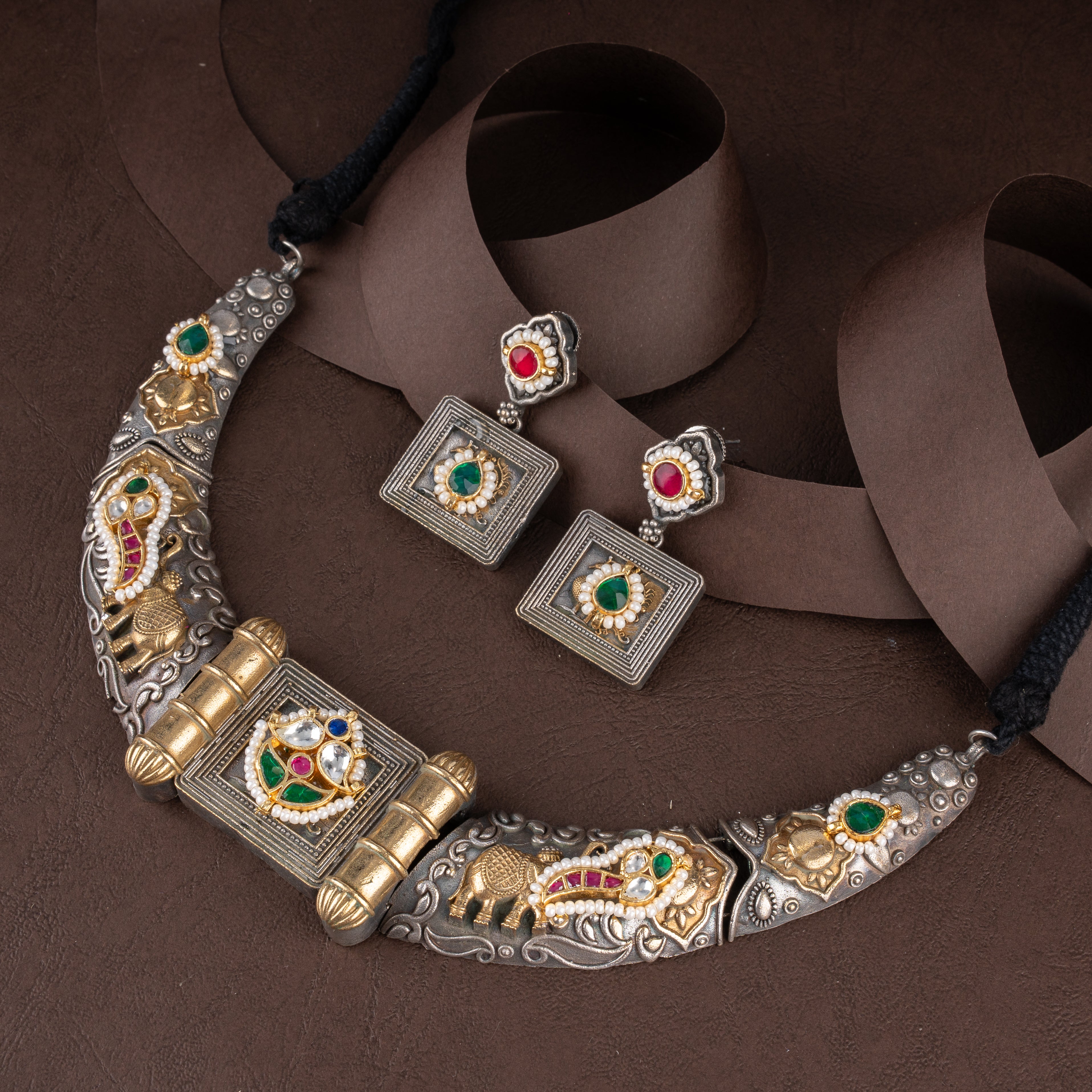 Oxidised Royal Elephant Tablet Hasli Collar Necklace Set with Kundan Medallion & Square Studs