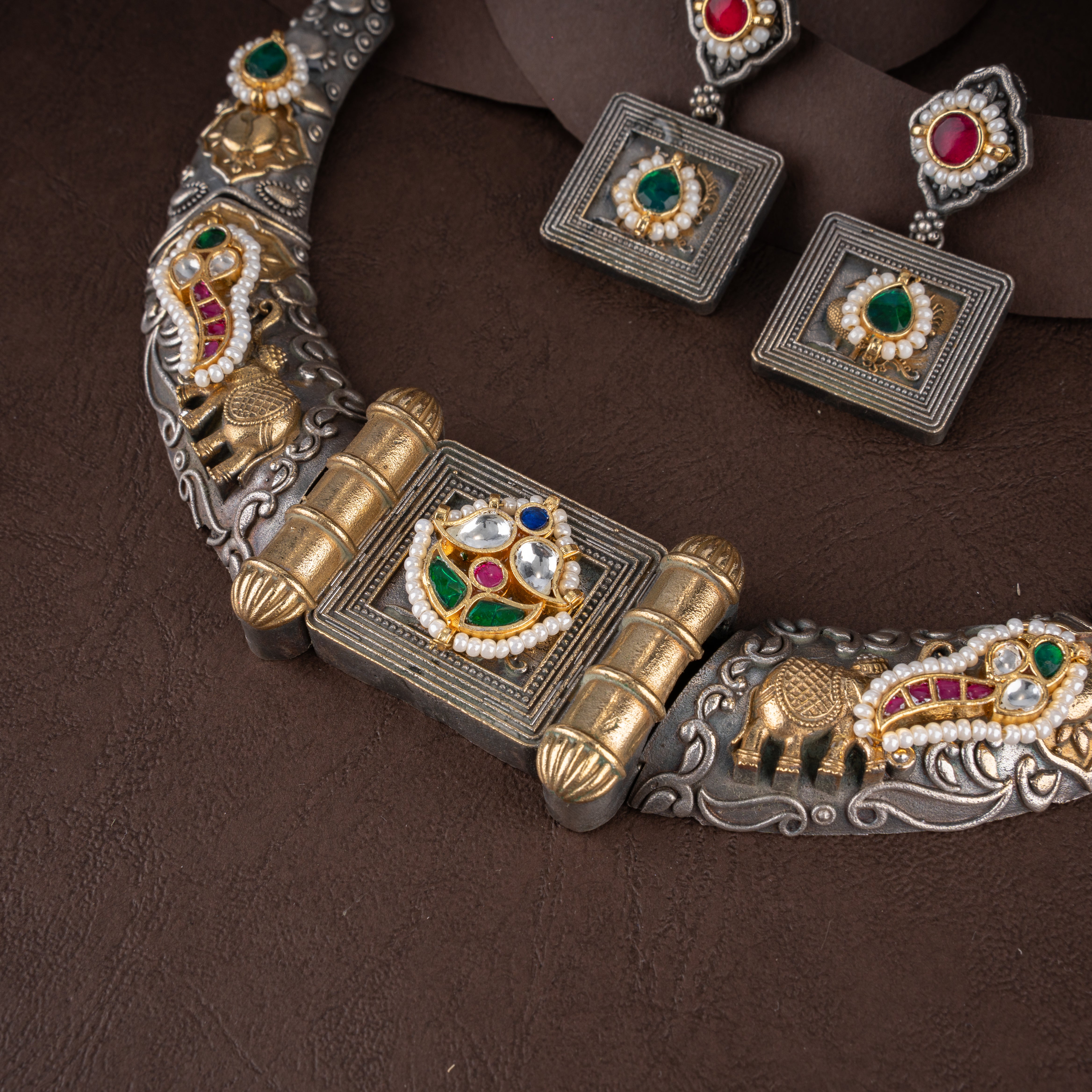 Oxidised Royal Elephant Tablet Hasli Collar Necklace Set with Kundan Medallion & Square Studs