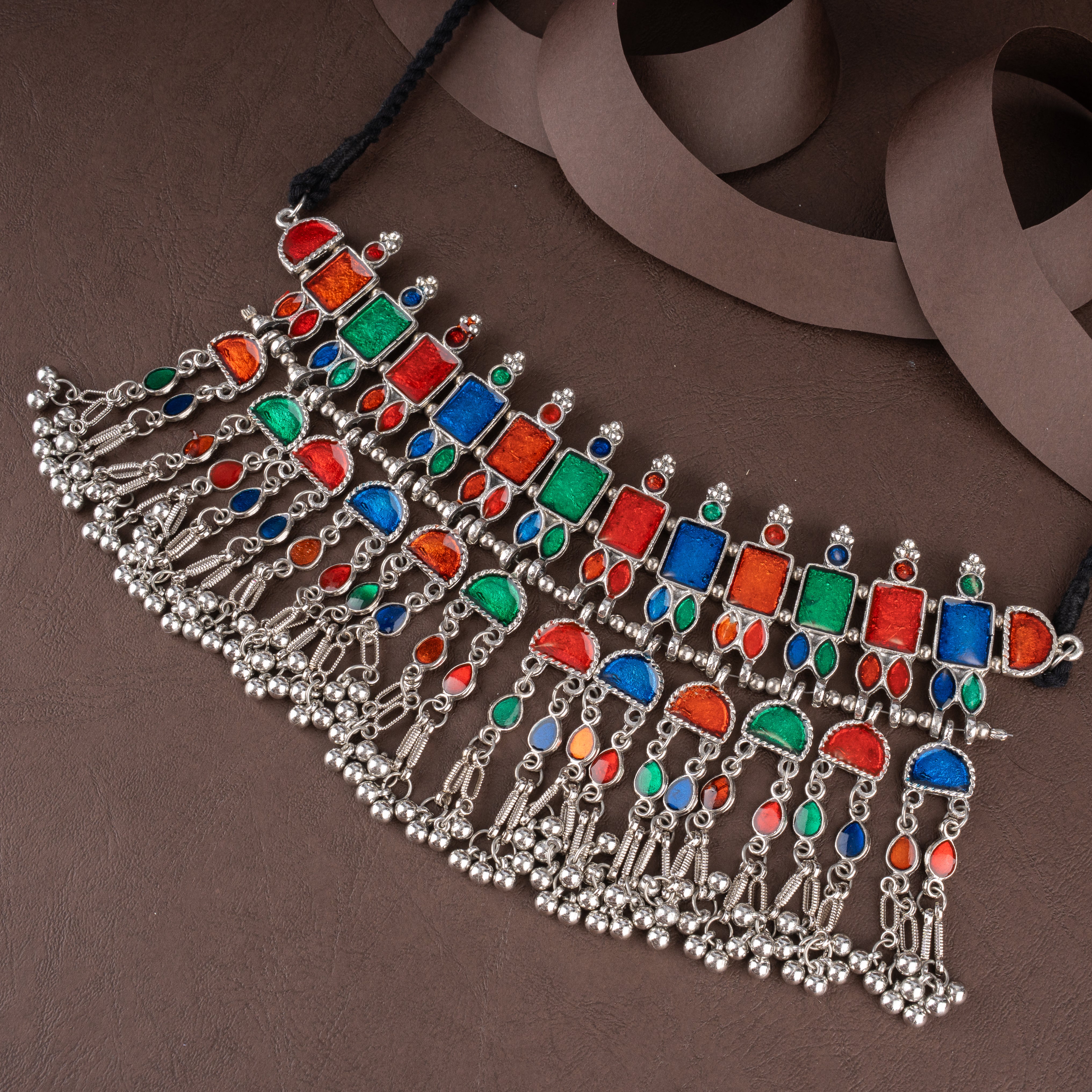 Multicolor Meenakari Glass Fringe Choker Necklace Set with Ghungroo Drops