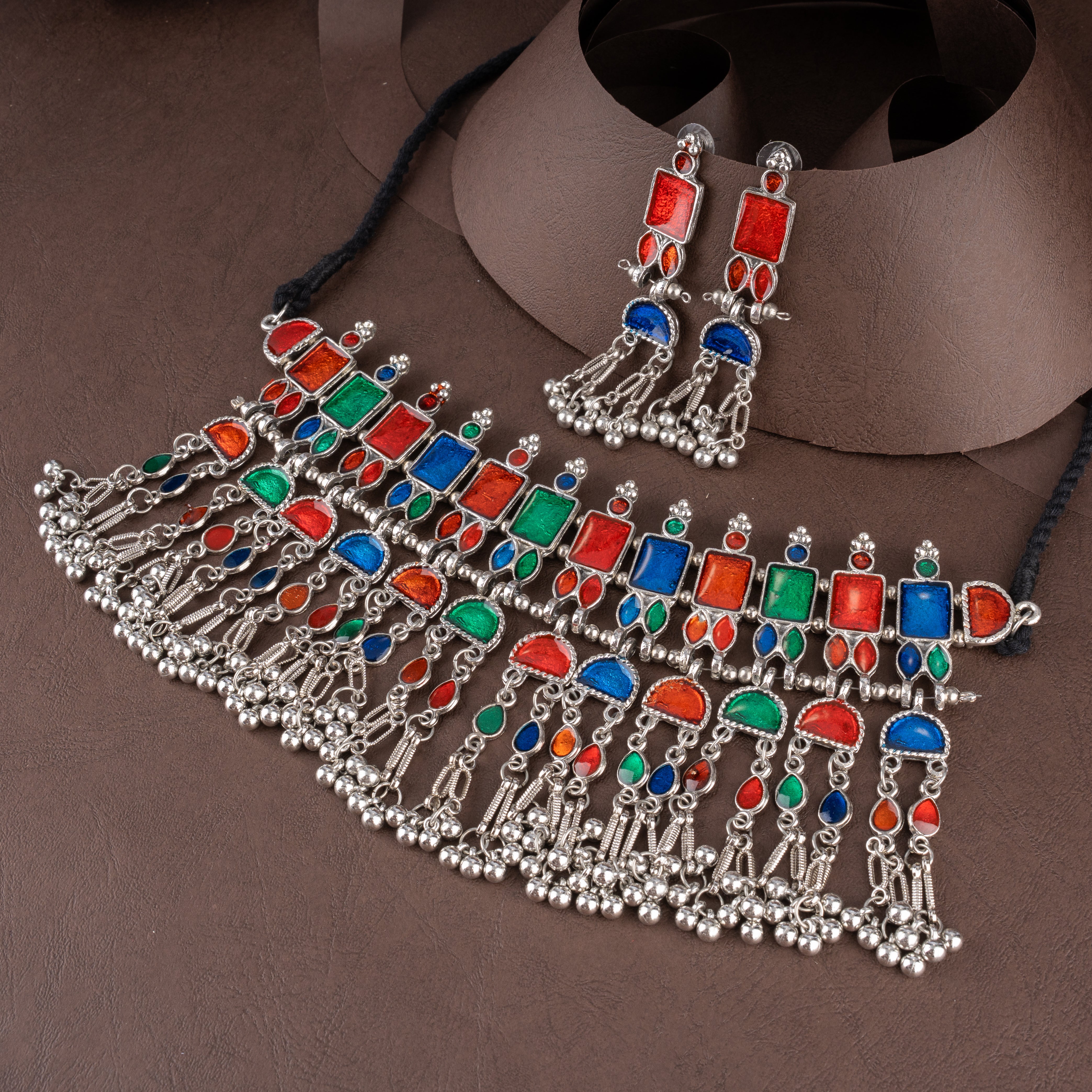Multicolor Meenakari Glass Fringe Choker Necklace Set with Ghungroo Drops