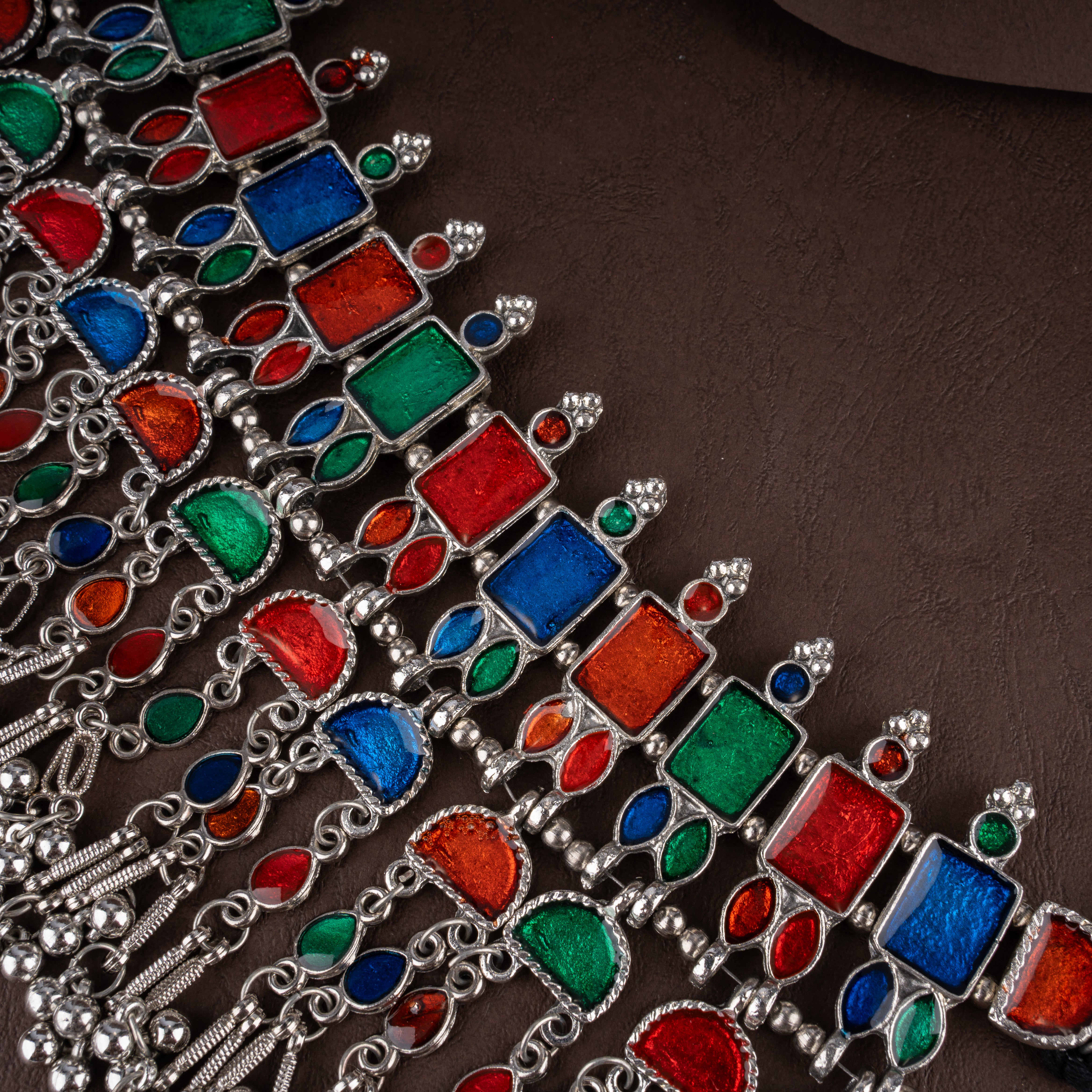 Multicolor Meenakari Glass Fringe Choker Necklace Set with Ghungroo Drops