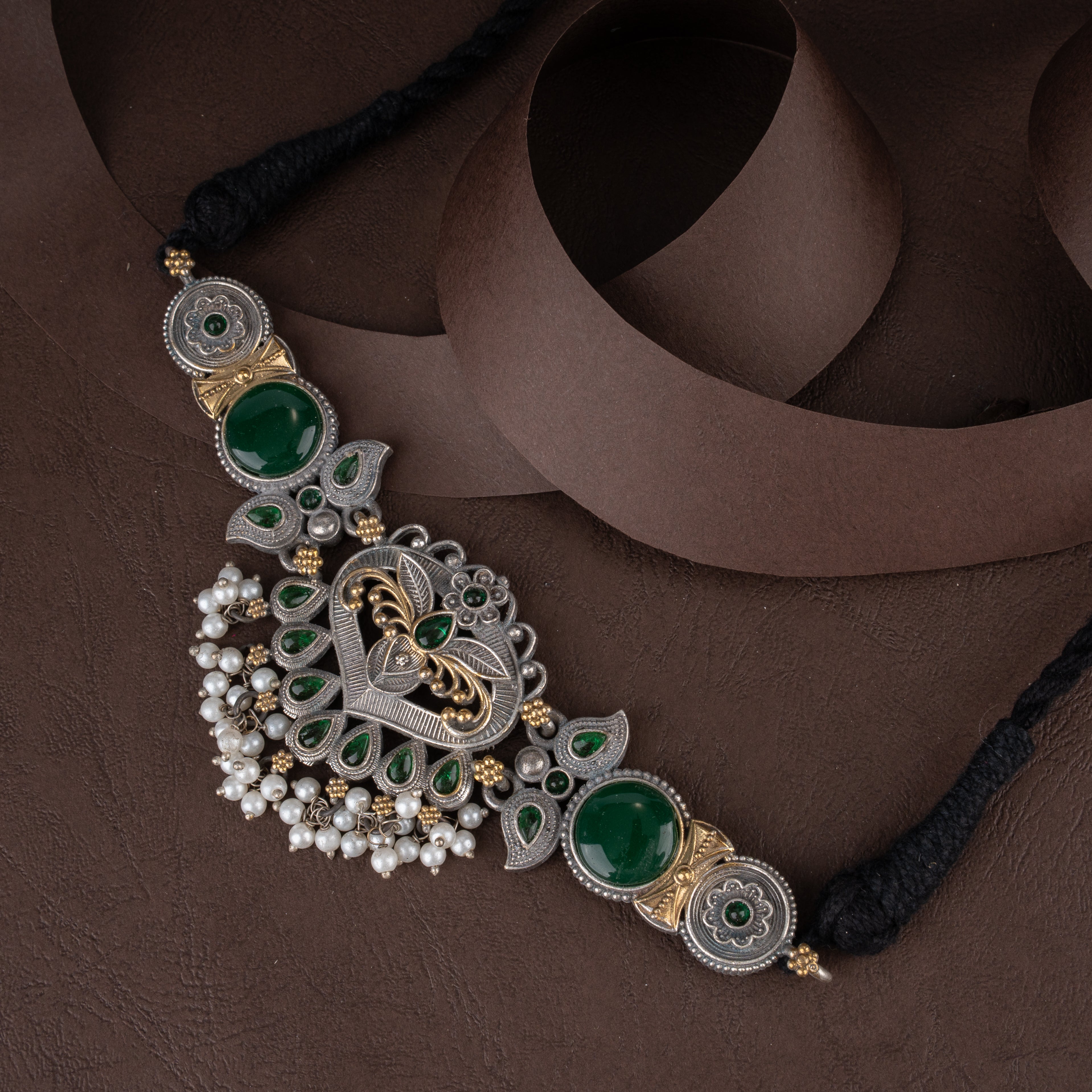 Dual-Tone Filigree Crest Choker Necklace Set with Cabochon Stones and Seed Pearl Clusters