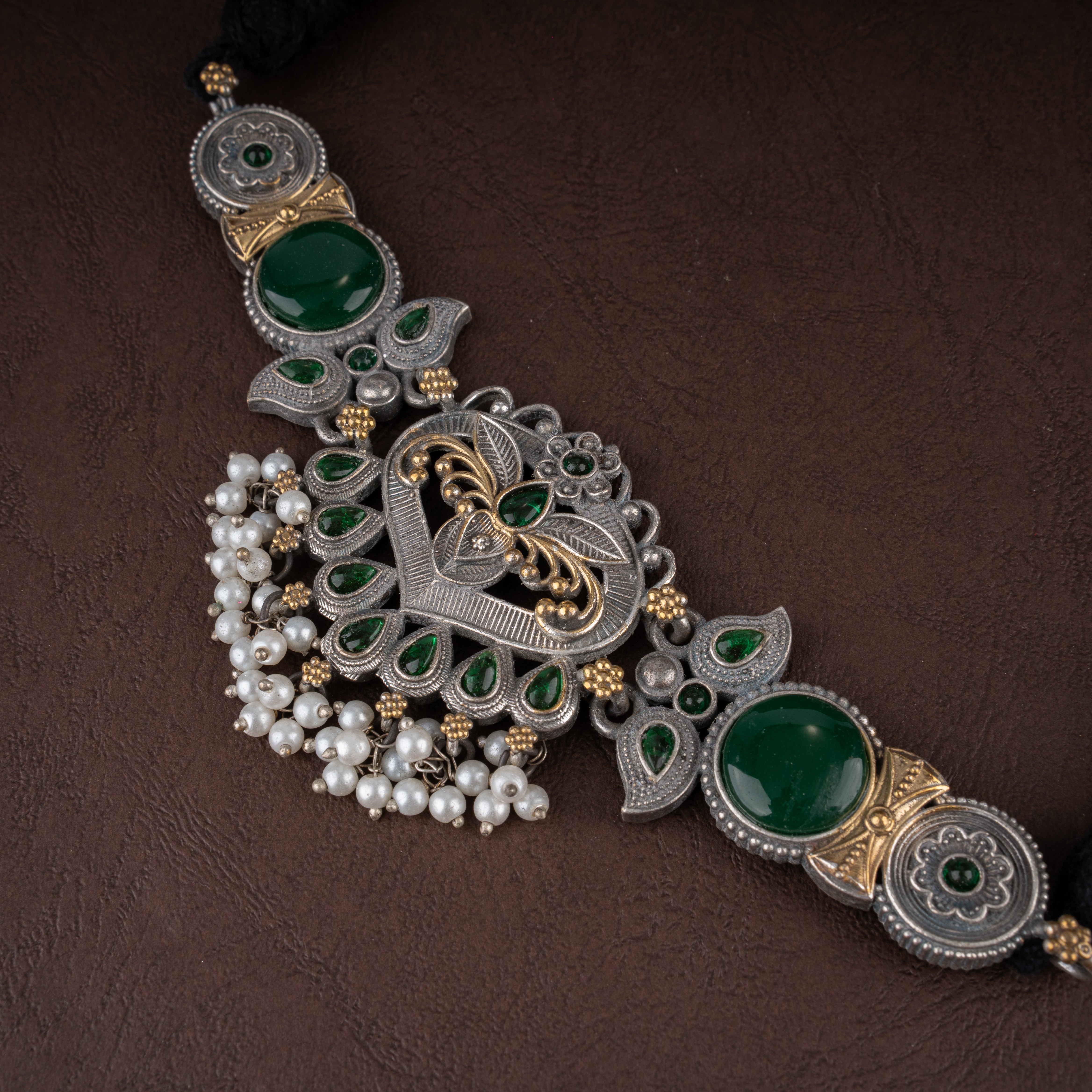 Dual-Tone Filigree Crest Choker Necklace Set with Cabochon Stones and Seed Pearl Clusters