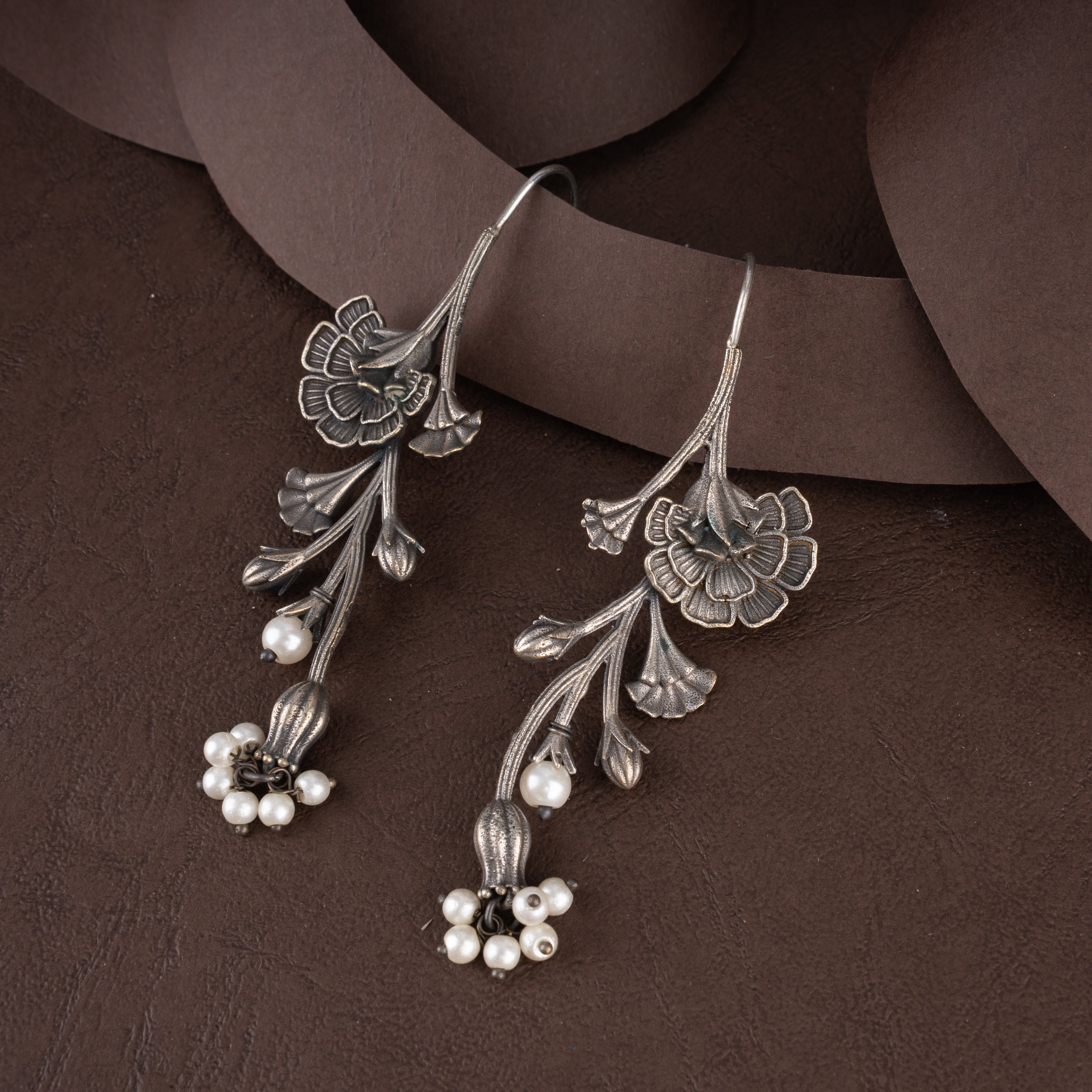 Oxidised Layered Floral Vine Pendant Necklace Set with Seed Pearls and Hook Earrings