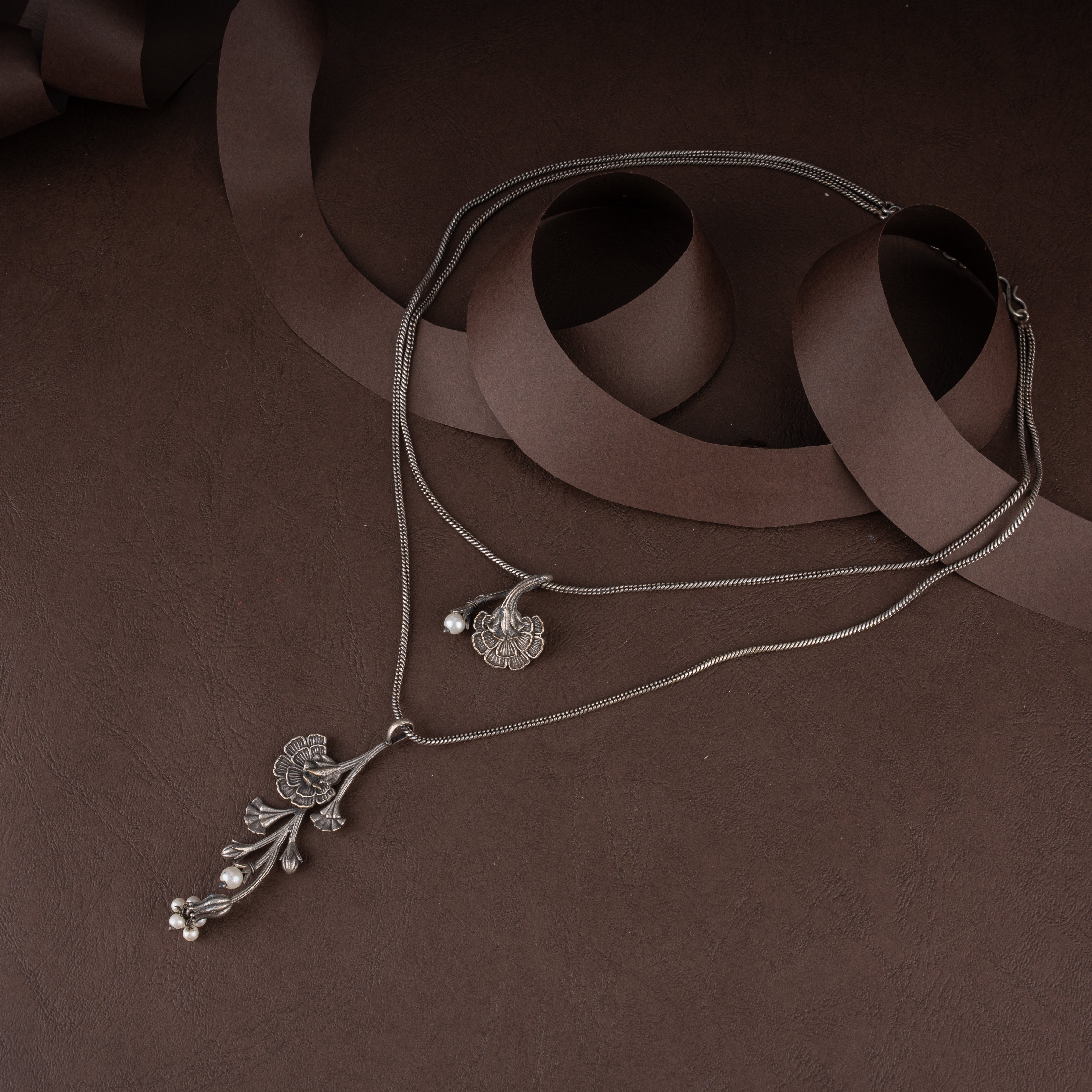Oxidised Layered Floral Vine Pendant Necklace Set with Seed Pearls and Hook Earrings
