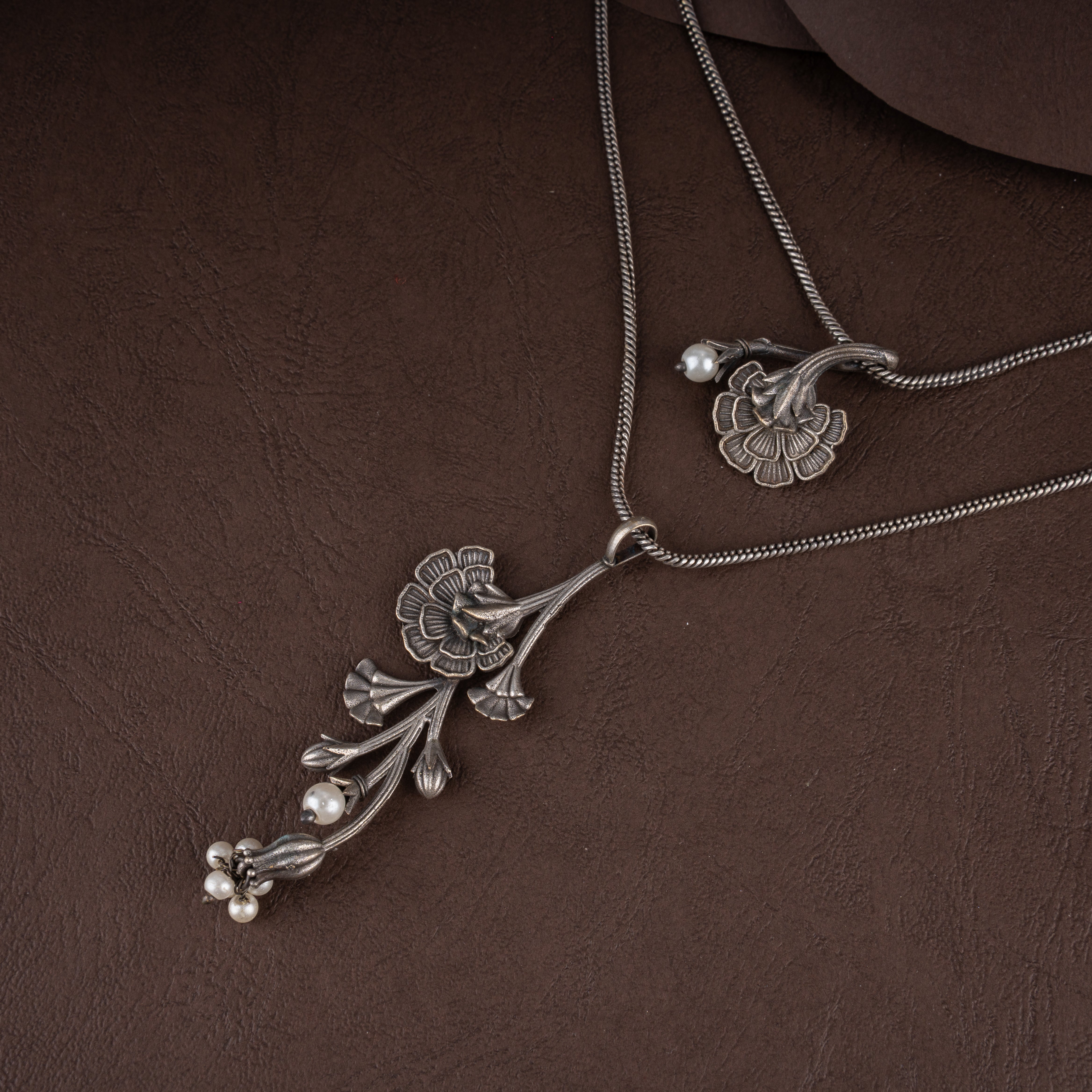 Oxidised Layered Floral Vine Pendant Necklace Set with Seed Pearls and Hook Earrings