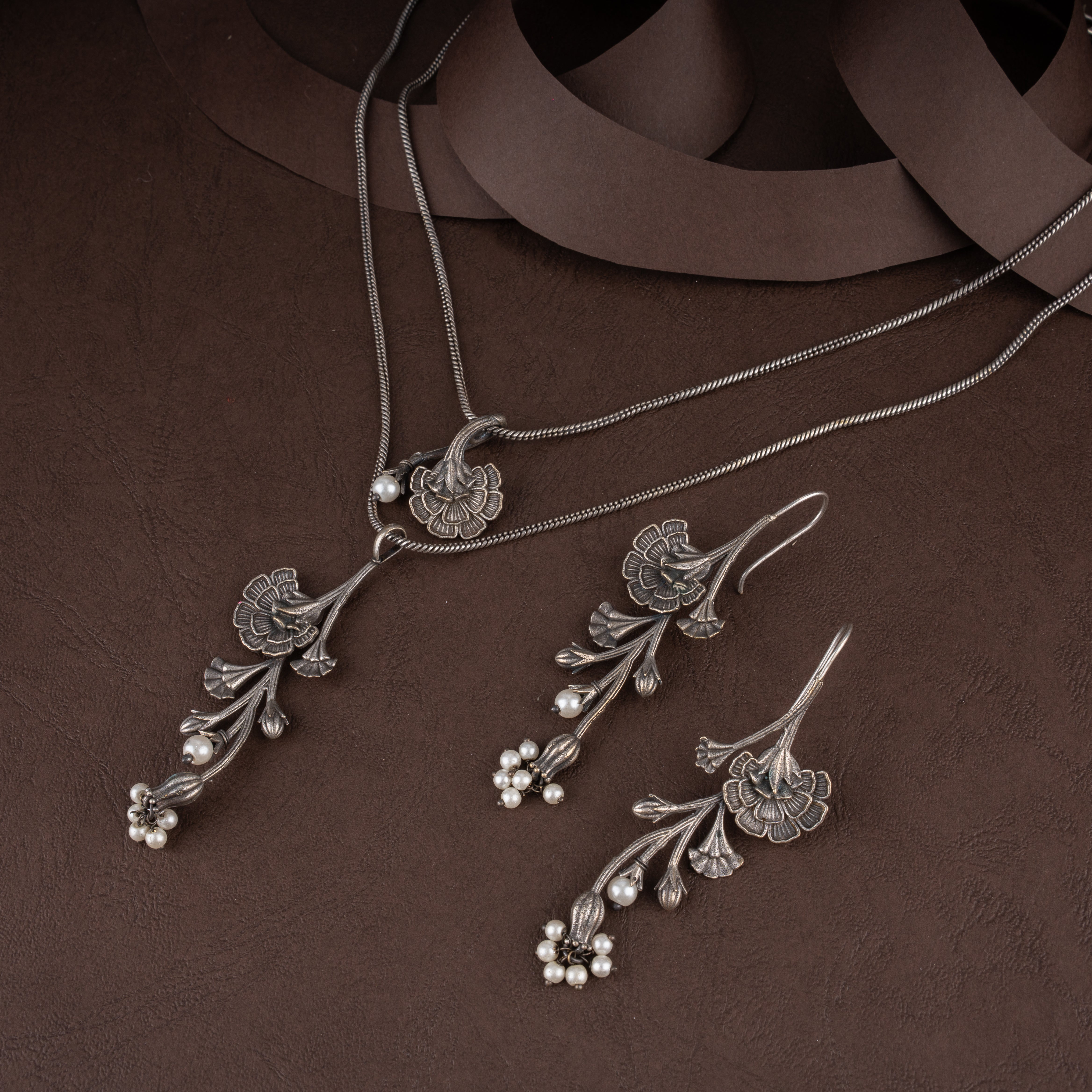 Oxidised Layered Floral Vine Pendant Necklace Set with Seed Pearls and Hook Earrings