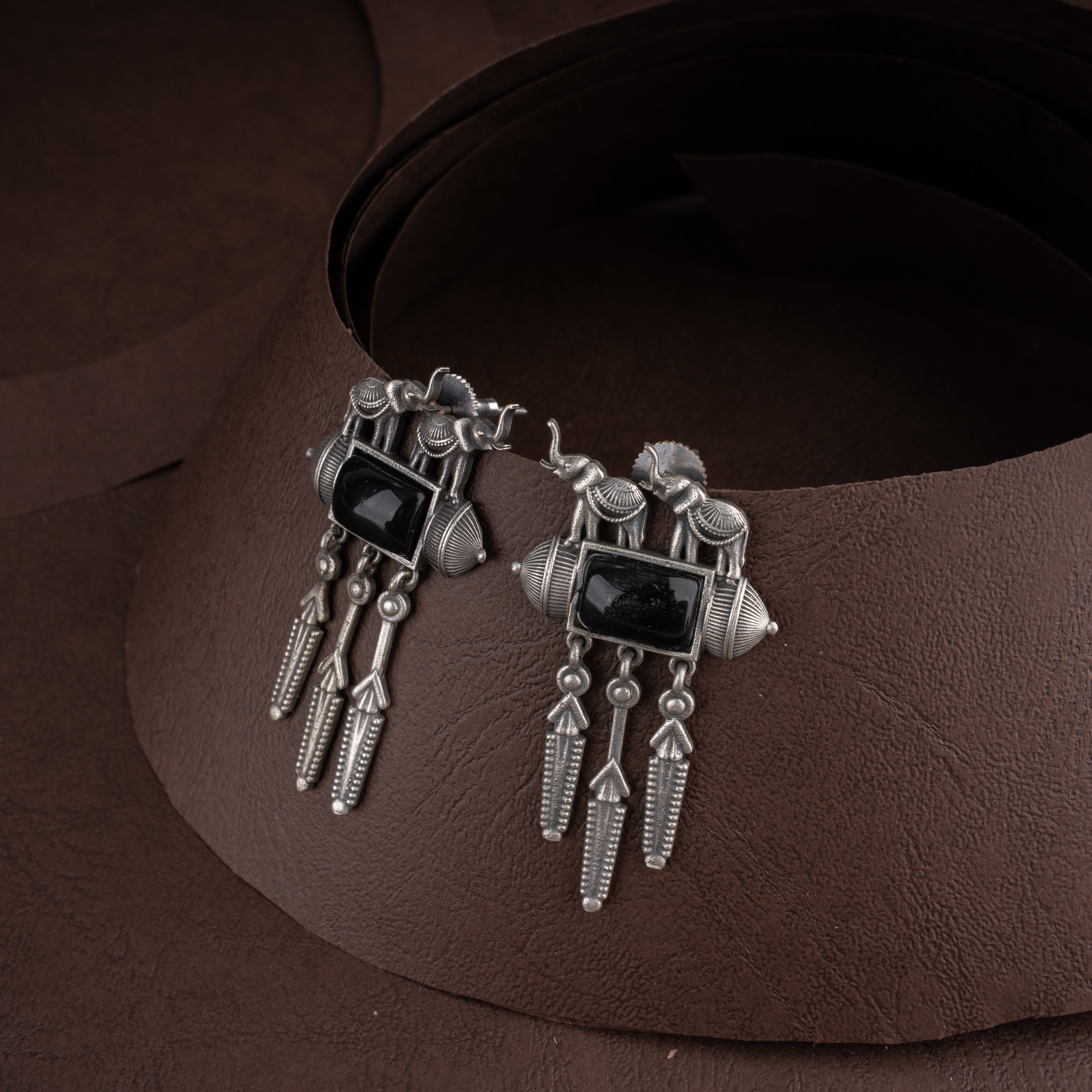 Oxidised Silver Elephant Motif Amulet Plaque Necklace Set with Feather Tassels