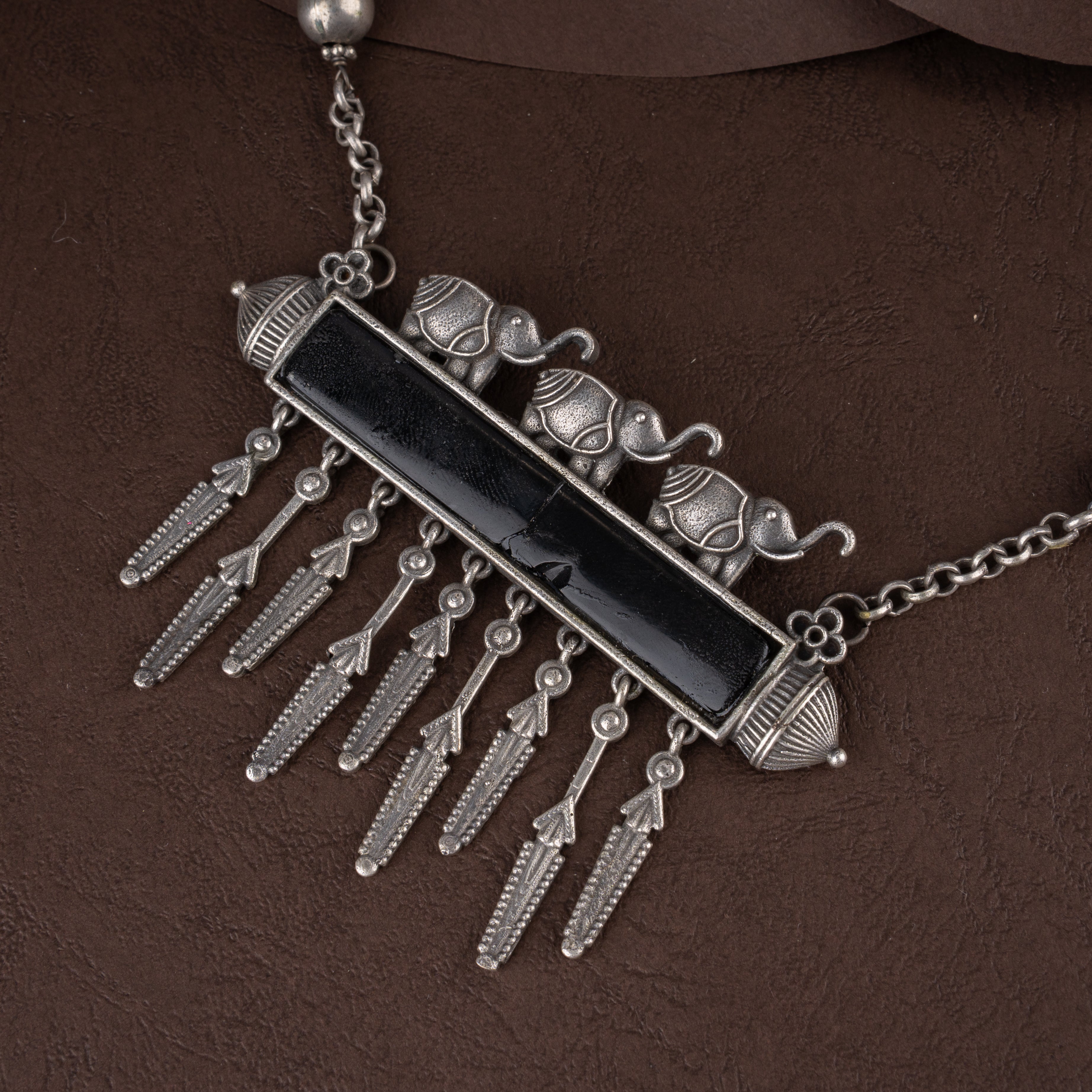 Oxidised Silver Elephant Motif Amulet Plaque Necklace Set with Feather Tassels