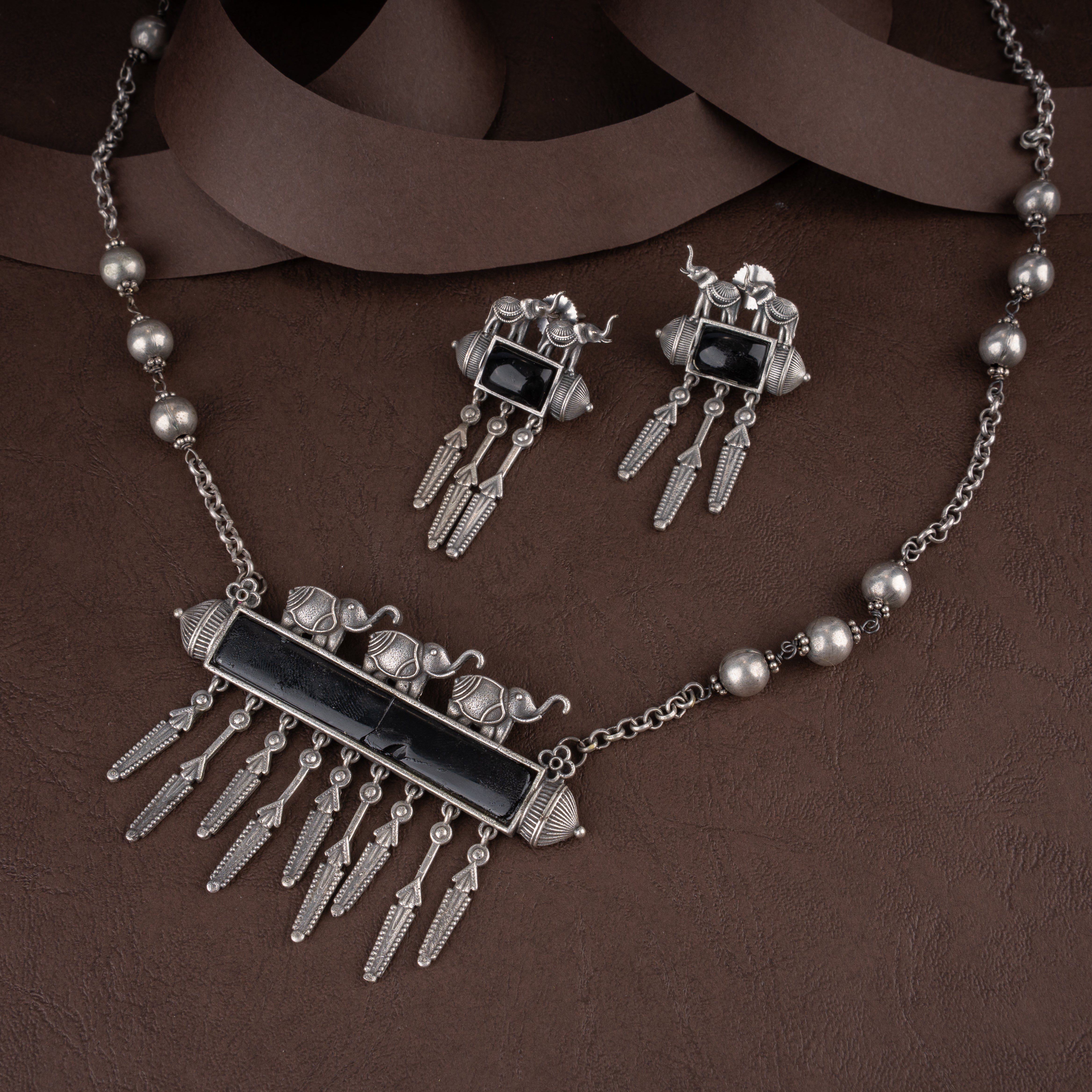 Oxidised Silver Elephant Motif Amulet Plaque Necklace Set with Feather Tassels