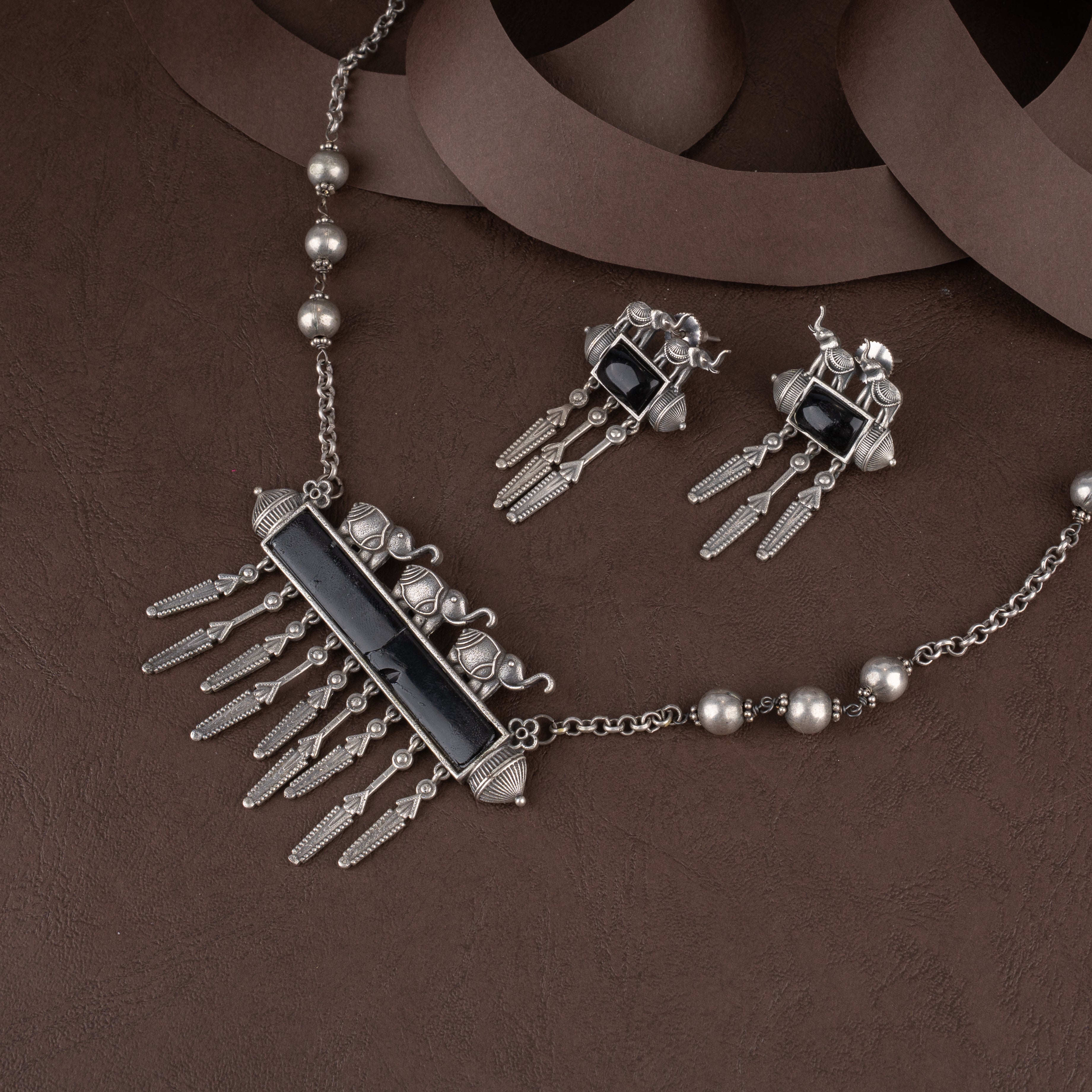 Oxidised Silver Elephant Motif Amulet Plaque Necklace Set with Feather Tassels