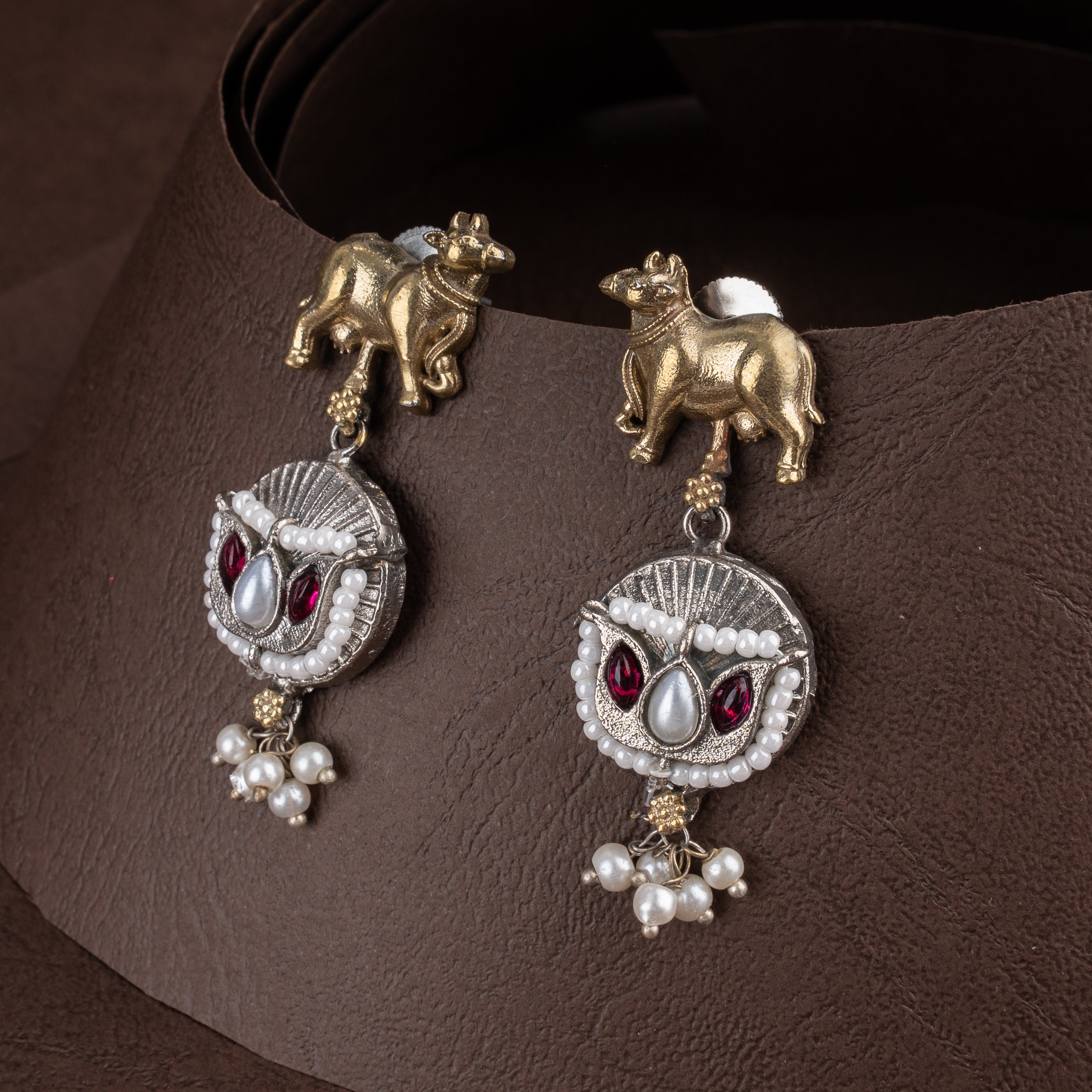 Oxidised Sacred Cow Necklace Set with Colorful Kundan Stones and Pearl Bunches