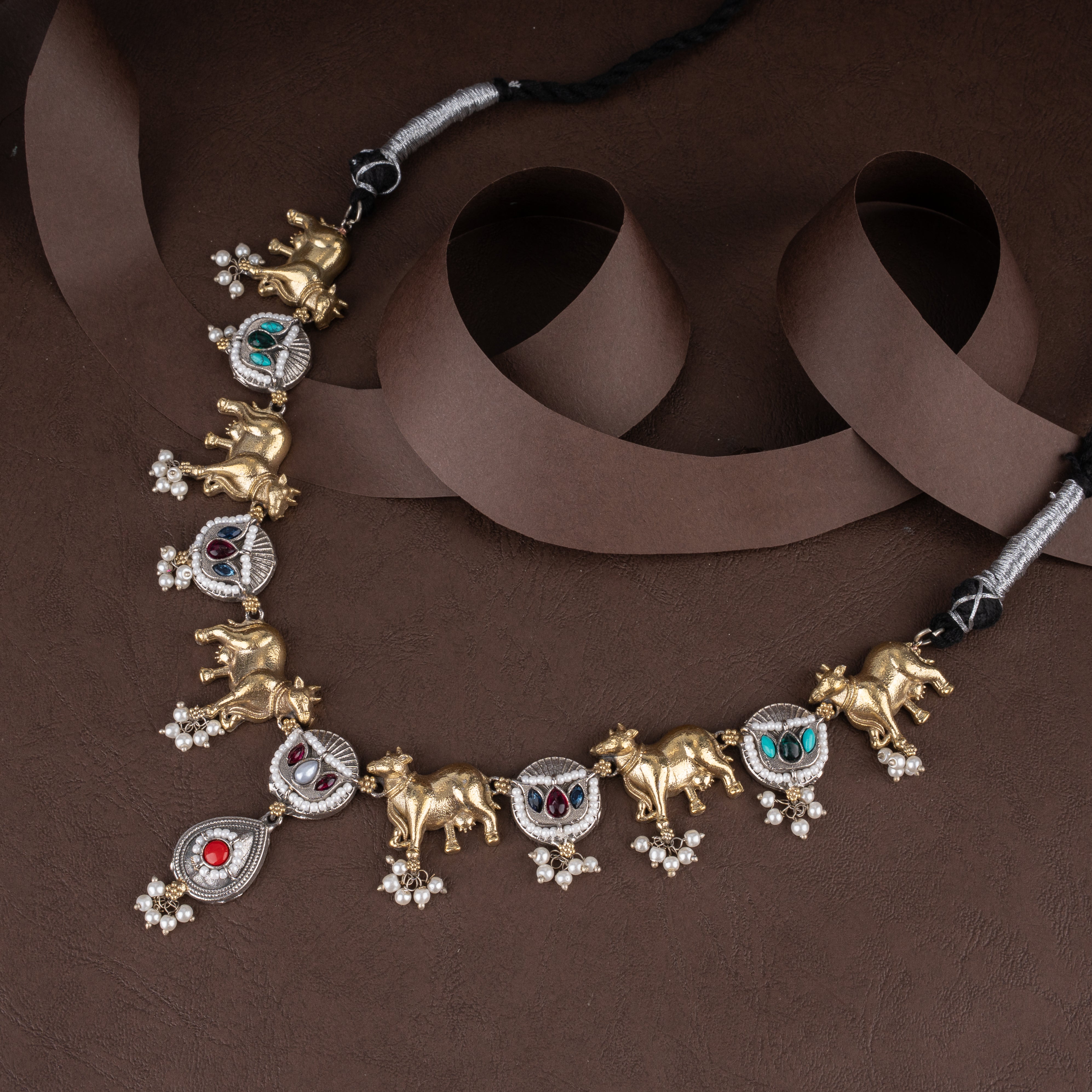 Oxidised Sacred Cow Necklace Set with Colorful Kundan Stones and Pearl Bunches