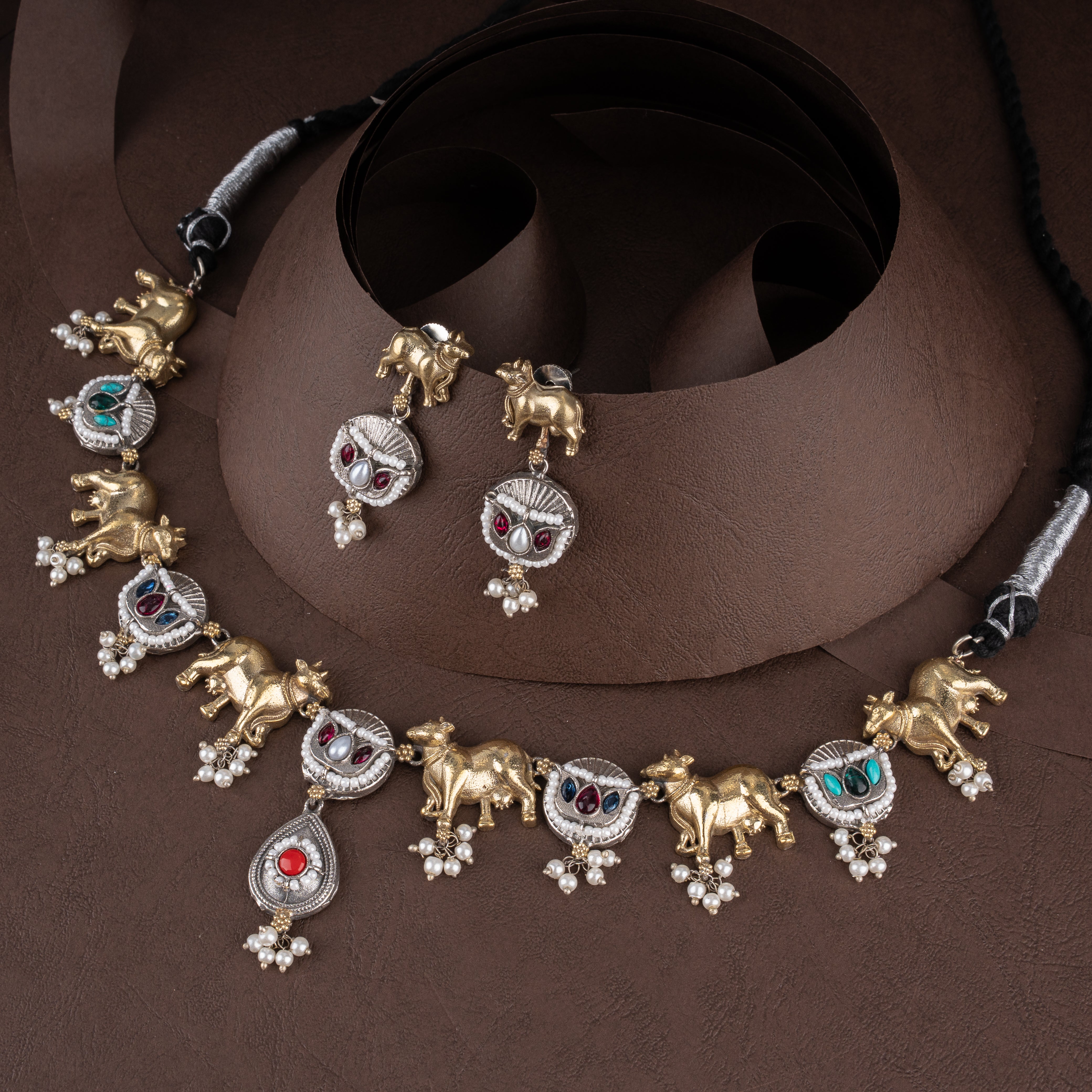 Oxidised Sacred Cow Necklace Set with Colorful Kundan Stones and Pearl Bunches