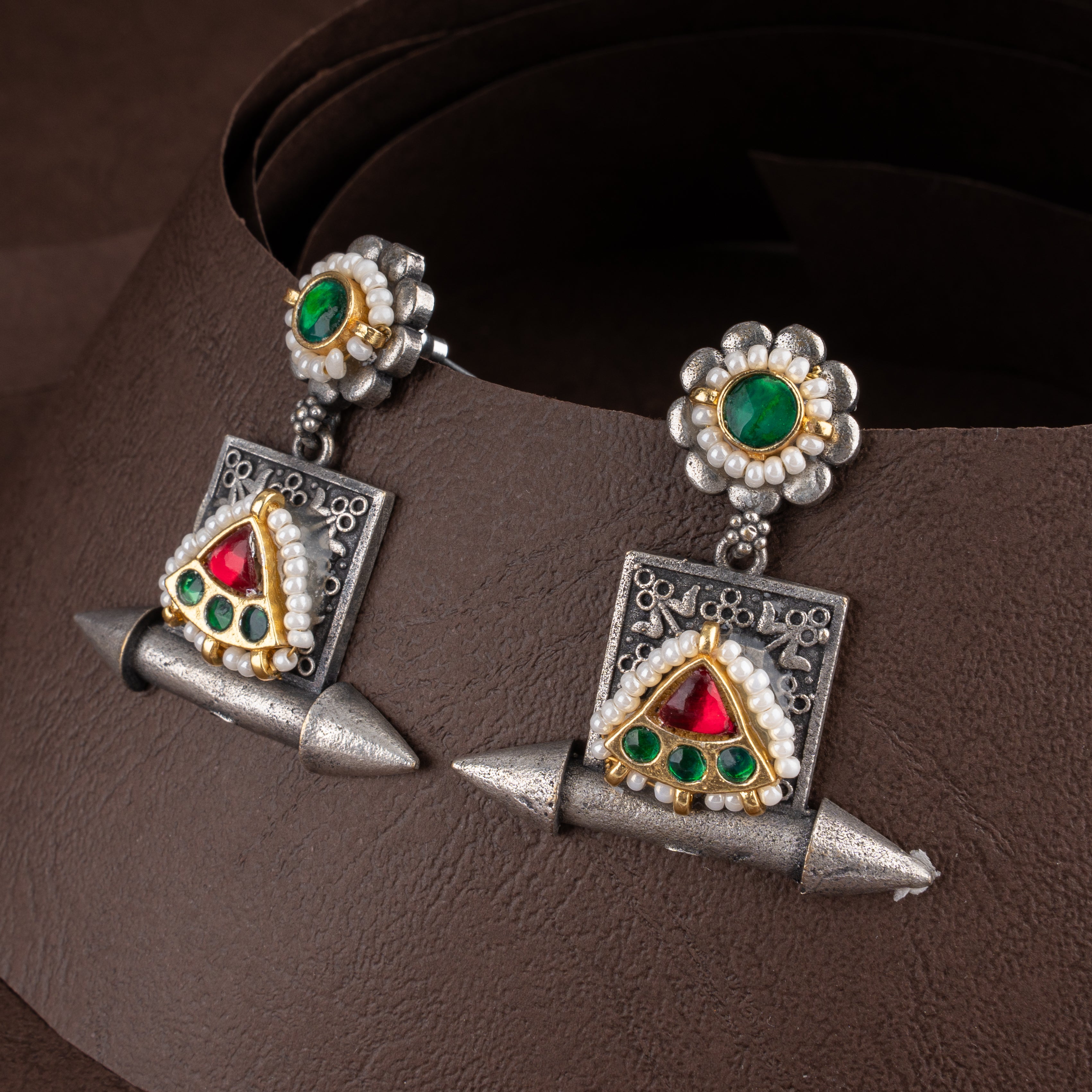 Oxidised Hasli Collar Necklace Set with Kundan Work & Amulet Drop Earrings