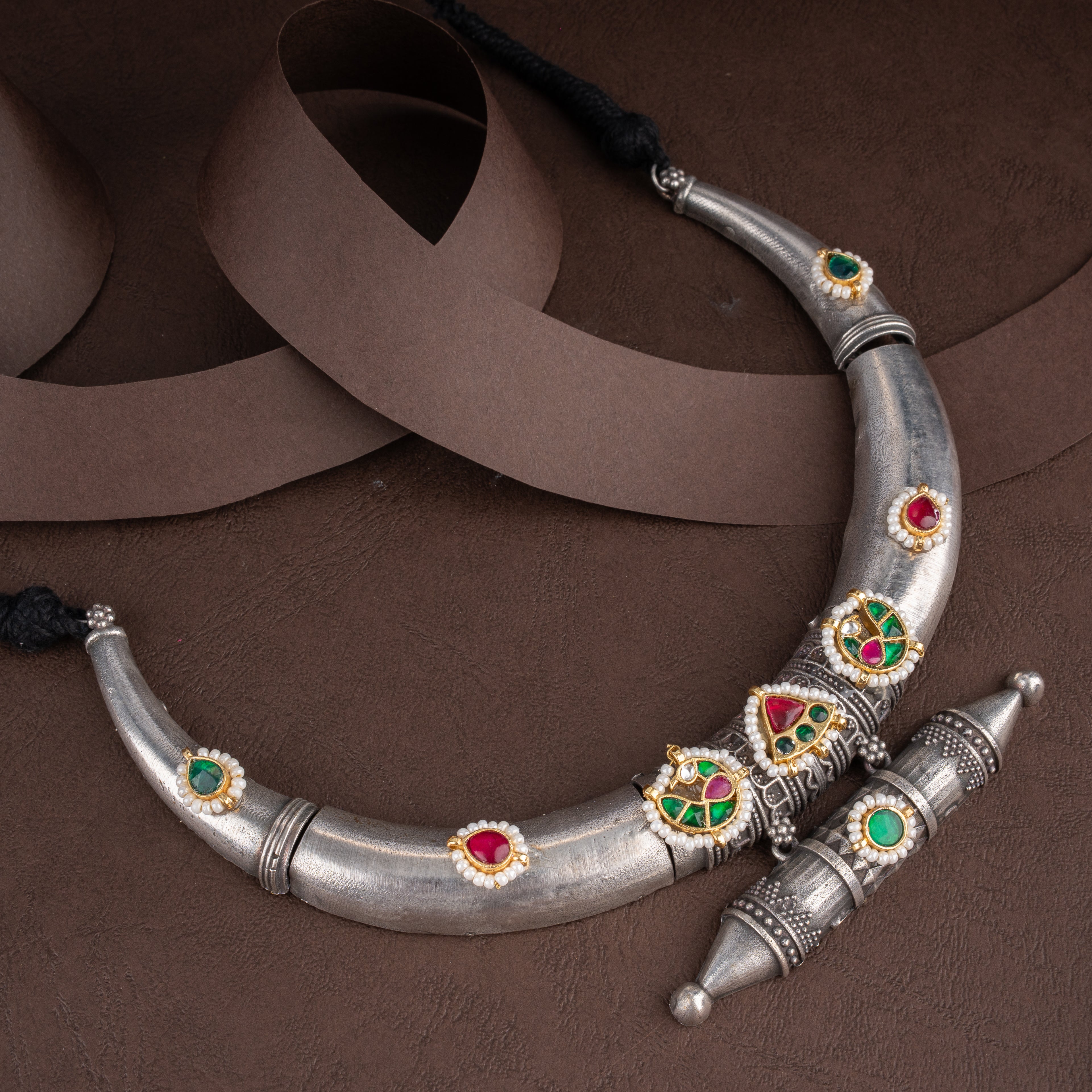 Oxidised Hasli Collar Necklace Set with Kundan Work & Amulet Drop Earrings