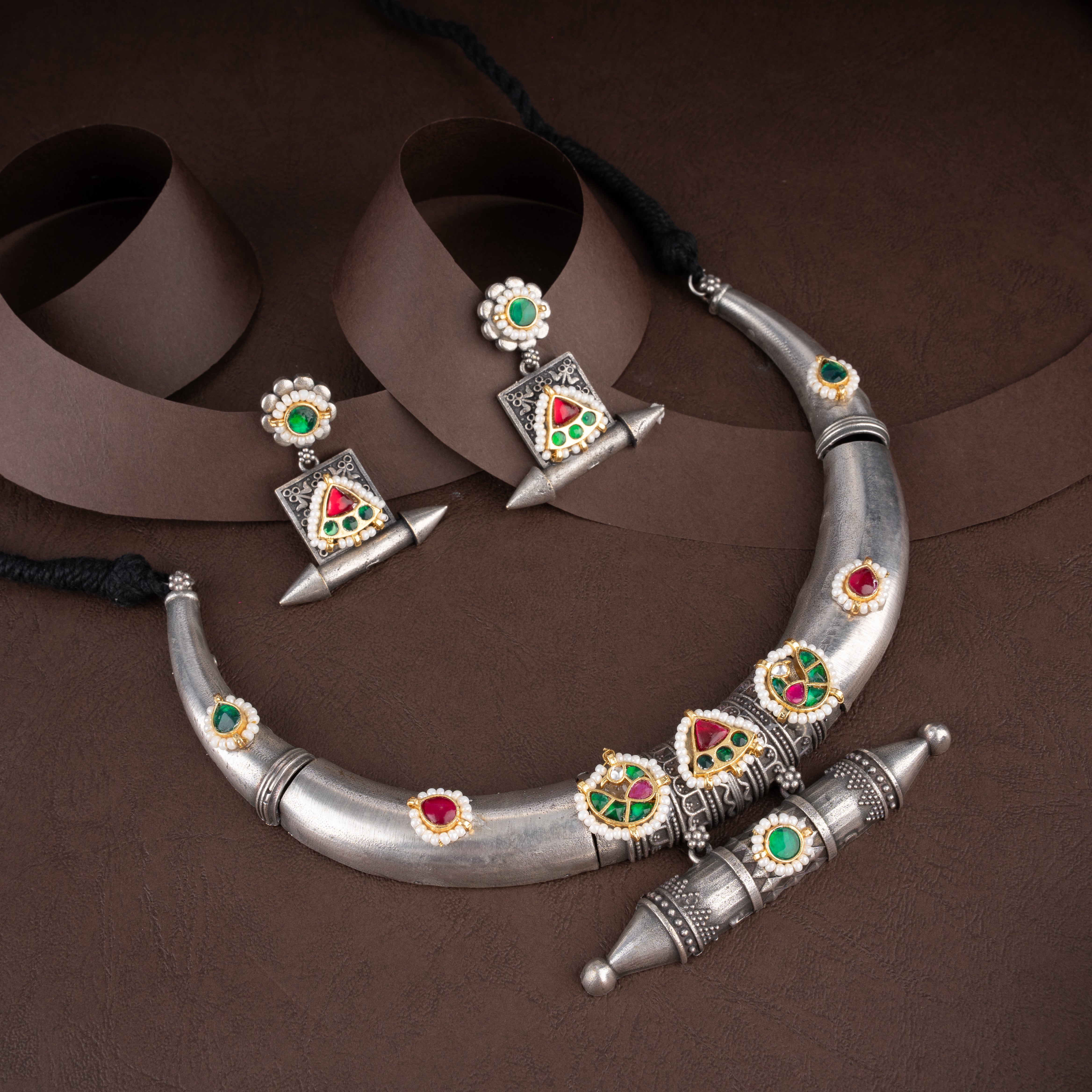 Oxidised Hasli Collar Necklace Set with Kundan Work & Amulet Drop Earrings