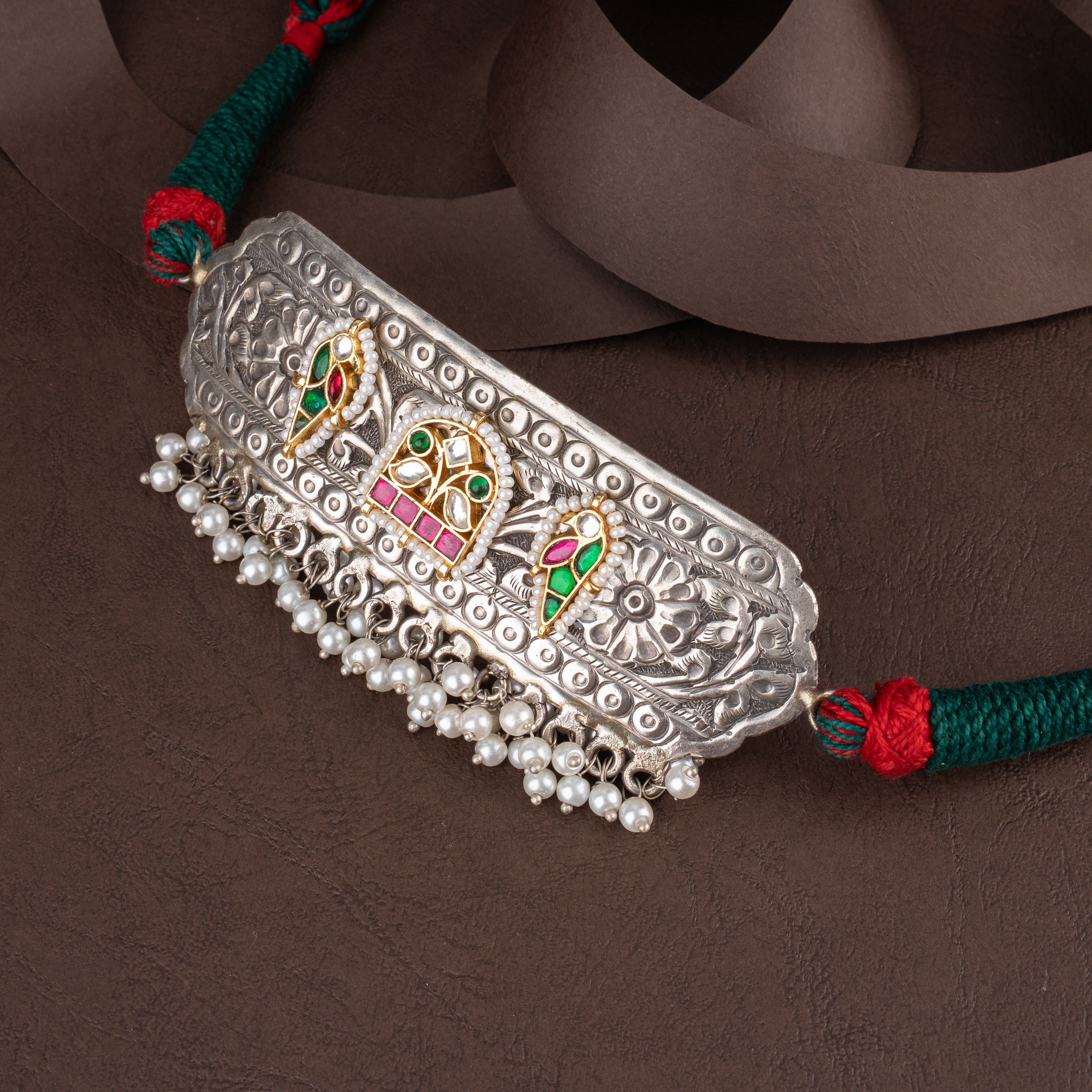 Oxidised Tribal Tablet Choker Necklace Set with Kundan Jharokha Motifs and Pearl Drops
