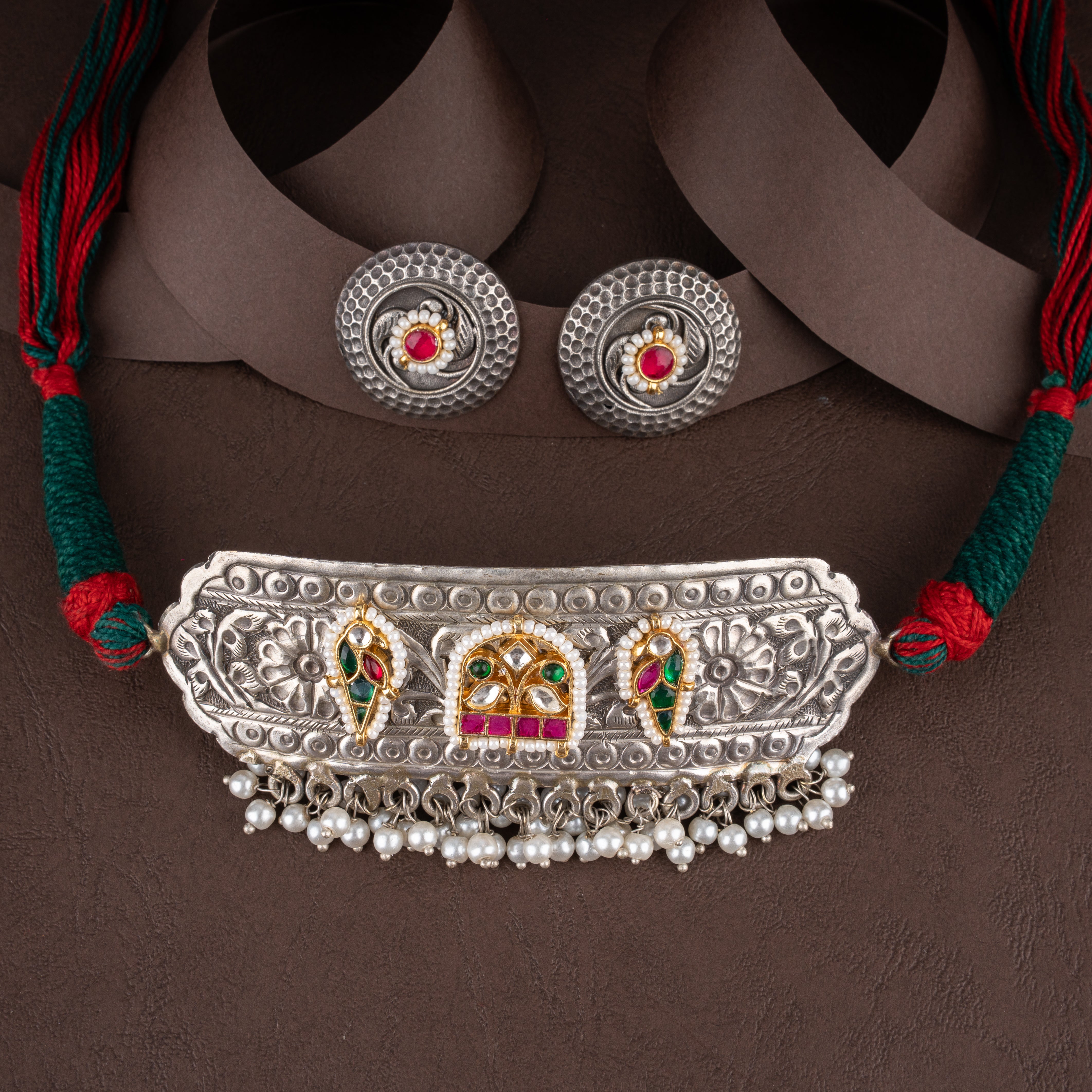 Oxidised Tribal Tablet Choker Necklace Set with Kundan Jharokha Motifs and Pearl Drops