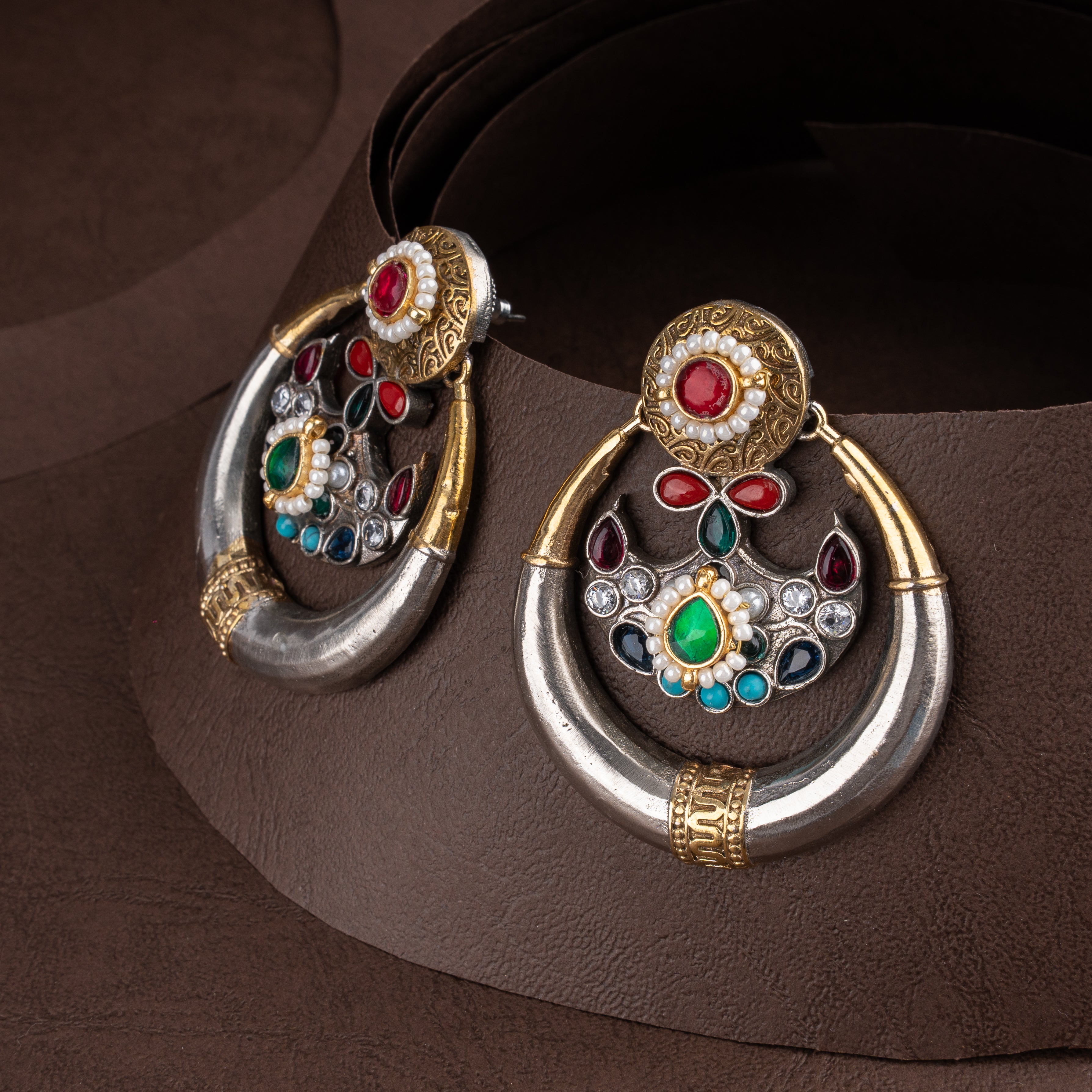 Oxidised Crescent Moon Hasli Collar Necklace Set with Navratan Kundan & Chandbali Earrings