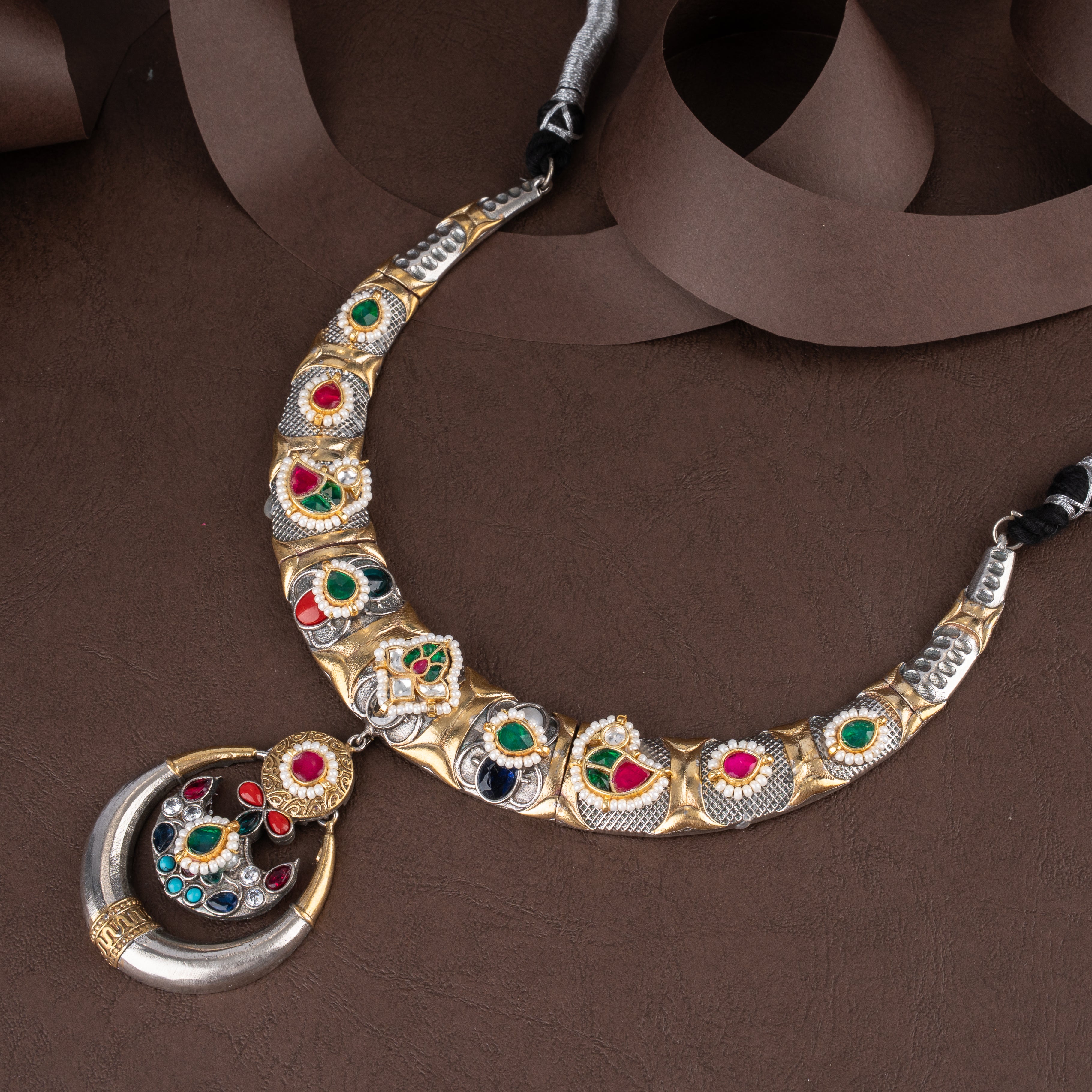 Oxidised Crescent Moon Hasli Collar Necklace Set with Navratan Kundan & Chandbali Earrings