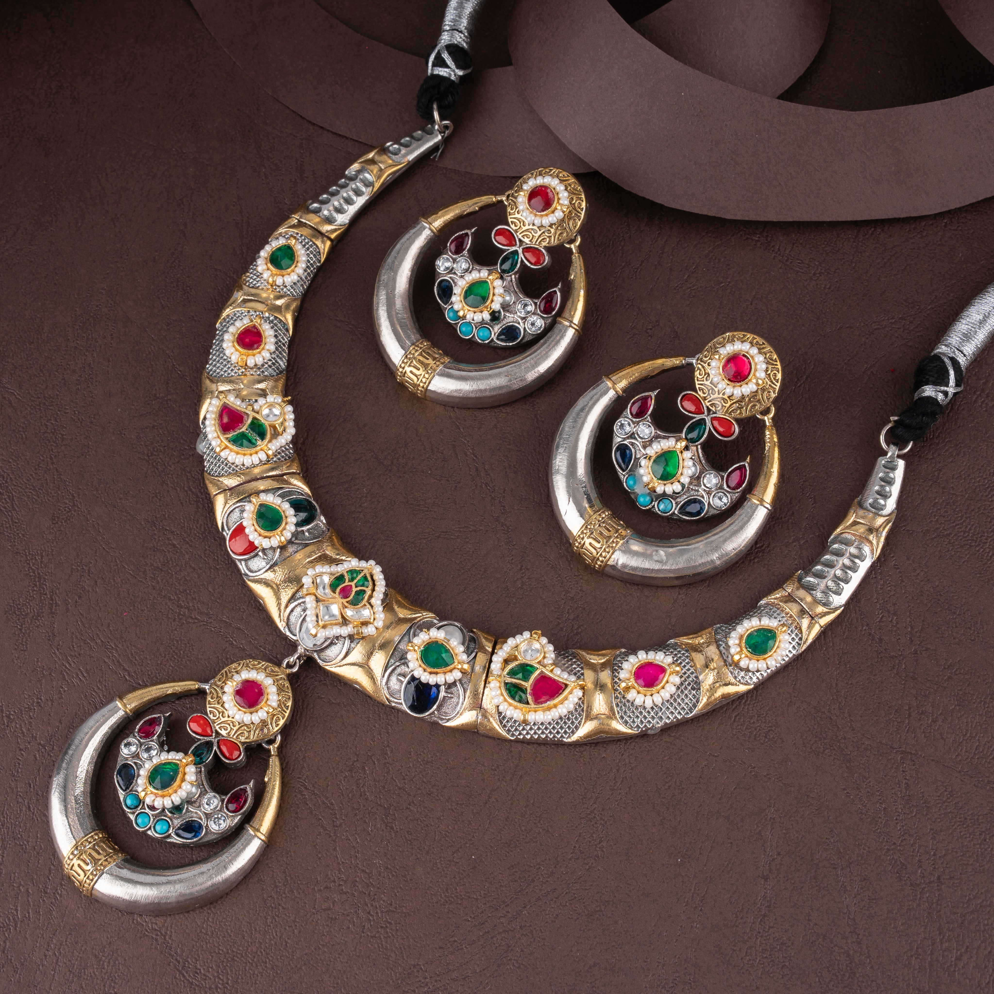 Oxidised Crescent Moon Hasli Collar Necklace Set with Navratan Kundan & Chandbali Earrings
