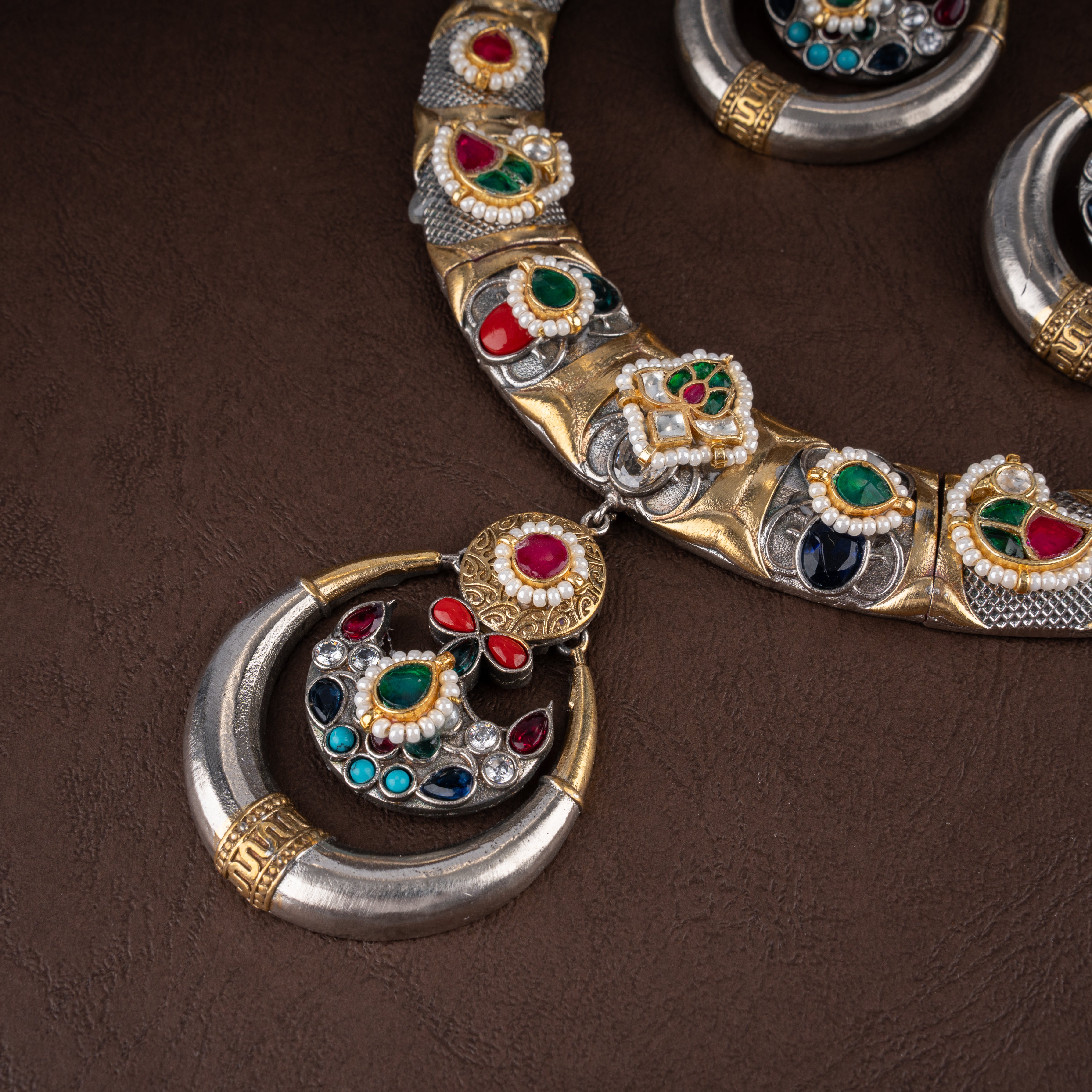 Oxidised Crescent Moon Hasli Collar Necklace Set with Navratan Kundan & Chandbali Earrings