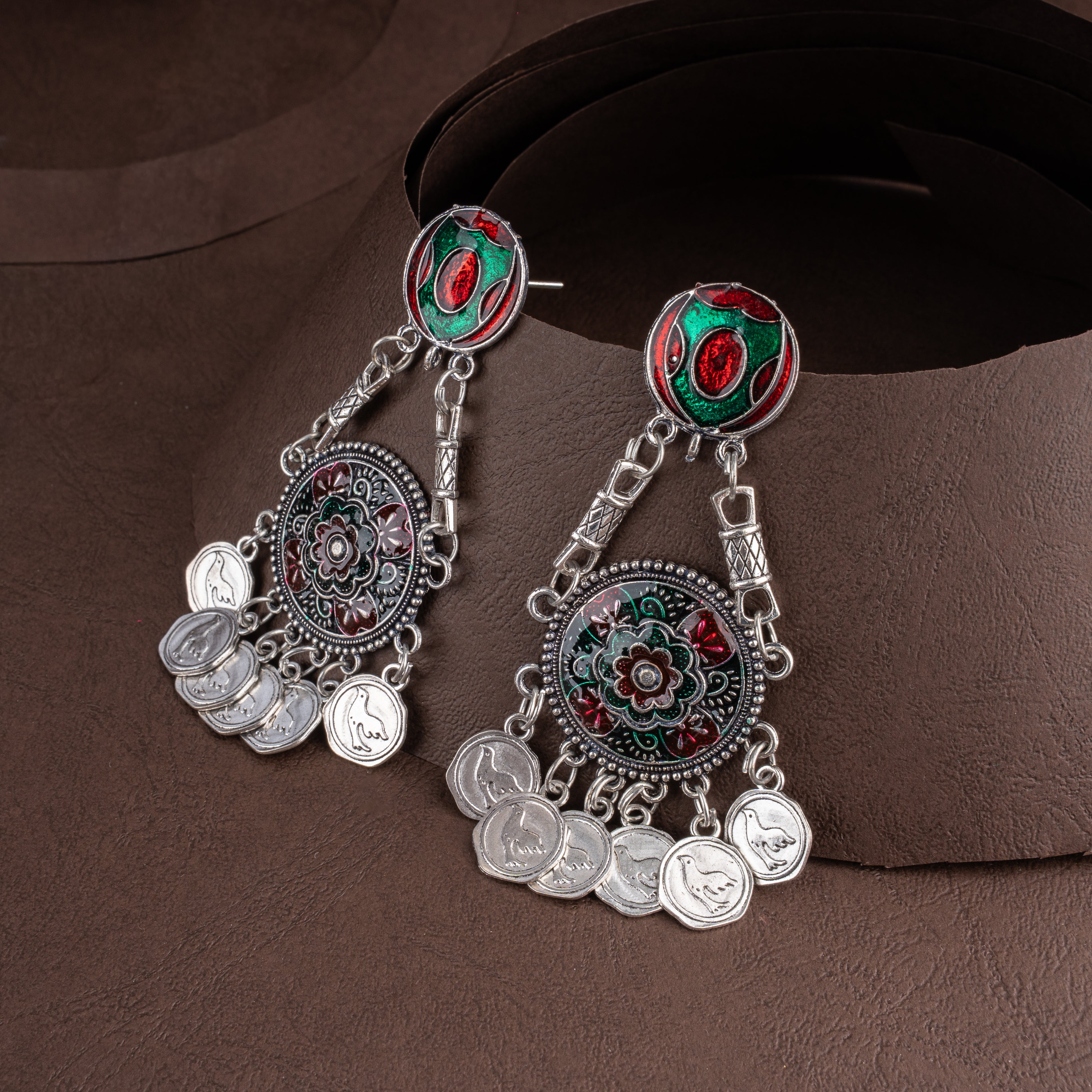 Banjara Tribal Coin Collar Necklace Set with Enamel Medallions and Ghungroos