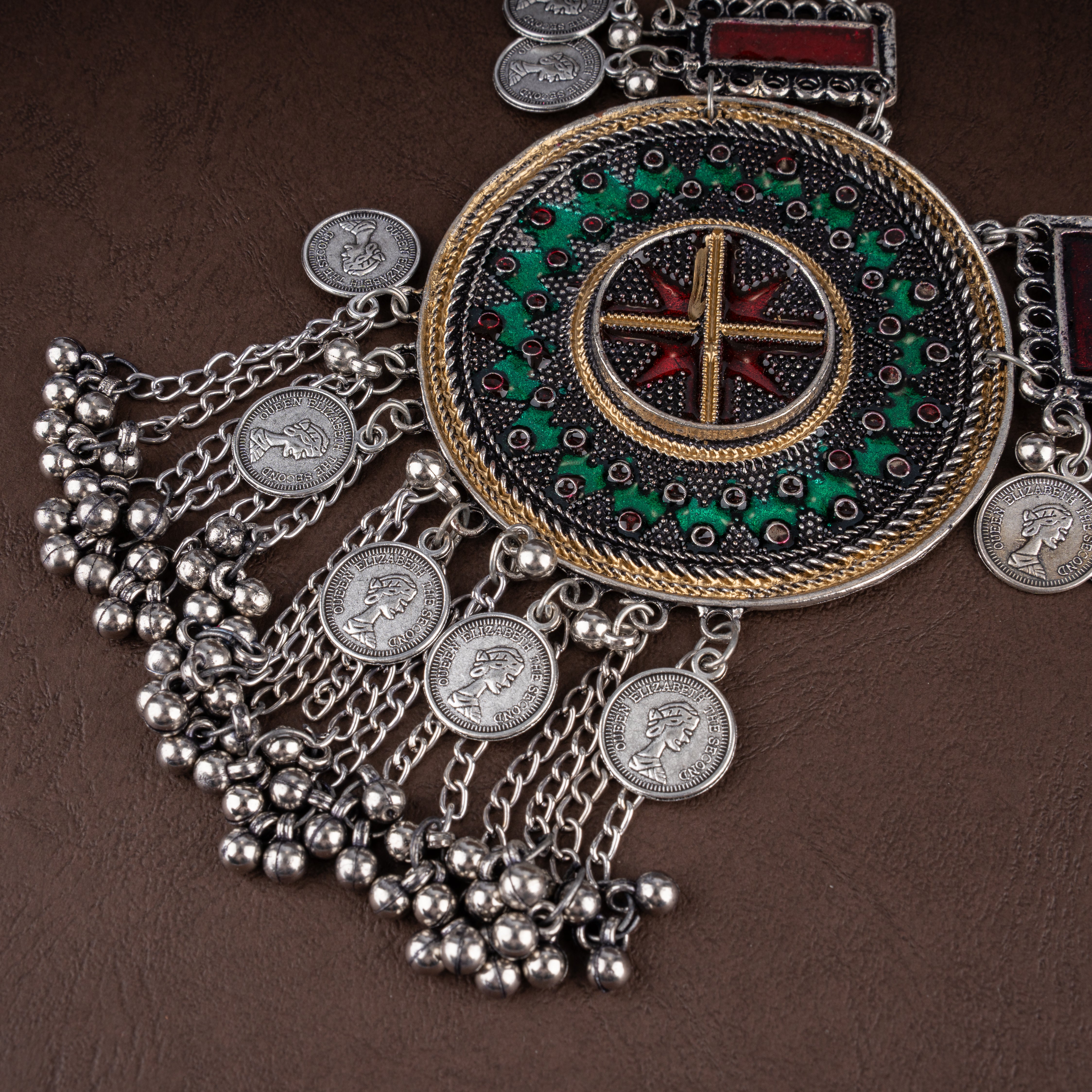 Banjara Tribal Coin Collar Necklace Set with Enamel Medallions and Ghungroos
