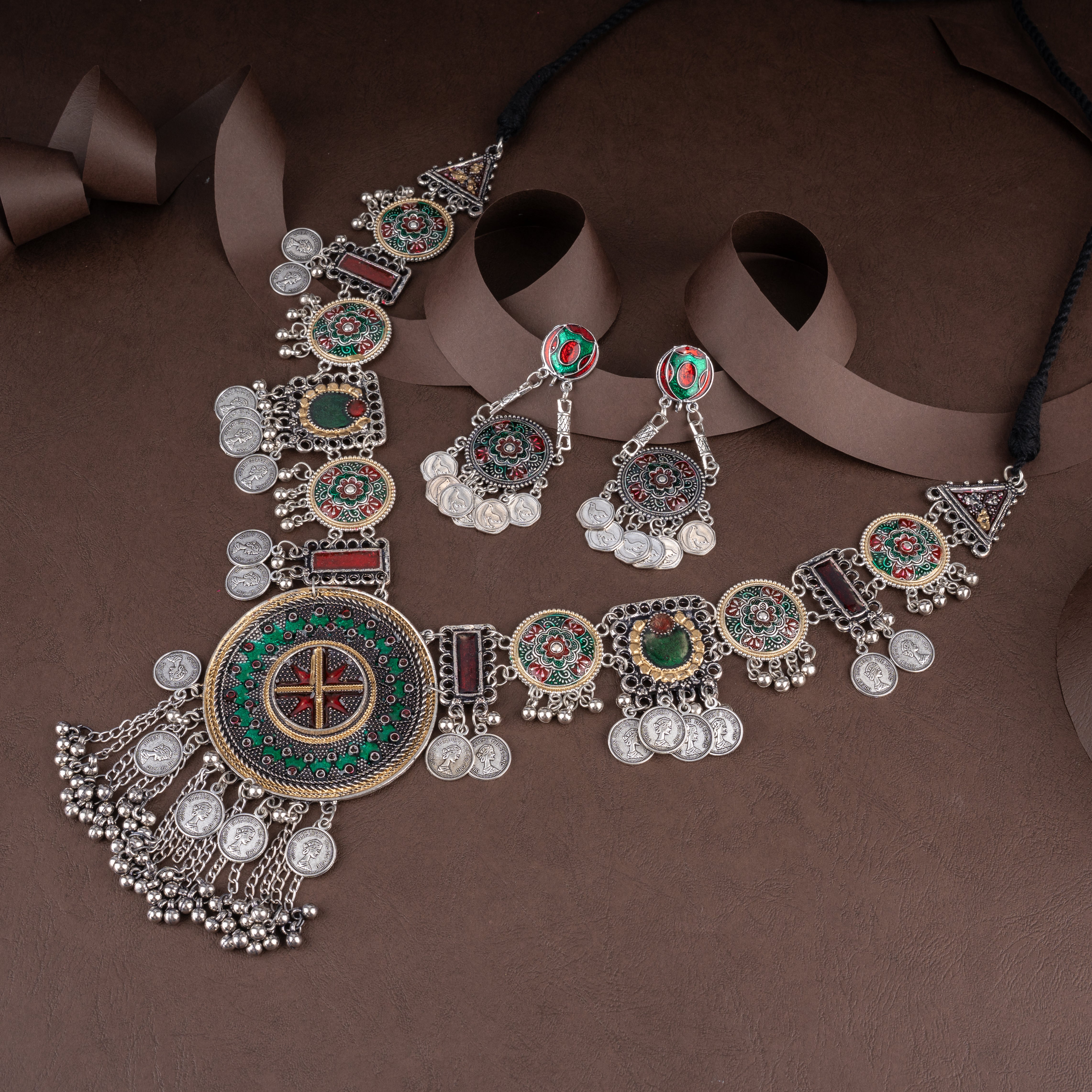 Banjara Tribal Coin Collar Necklace Set with Enamel Medallions and Ghungroos
