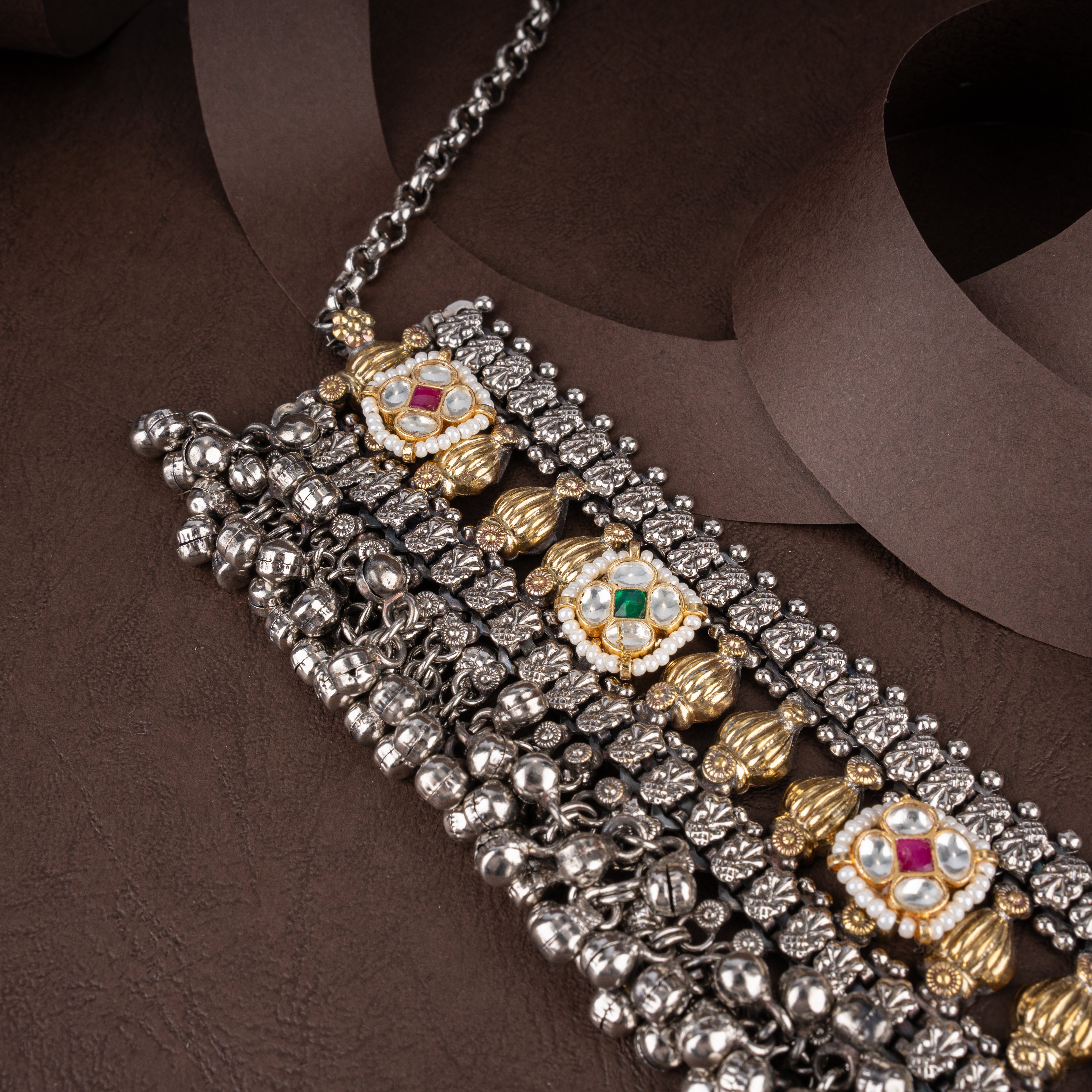 Oxidised Mesh Choker Necklace Set with Kundan Medallions and Fluted Pod Earrings