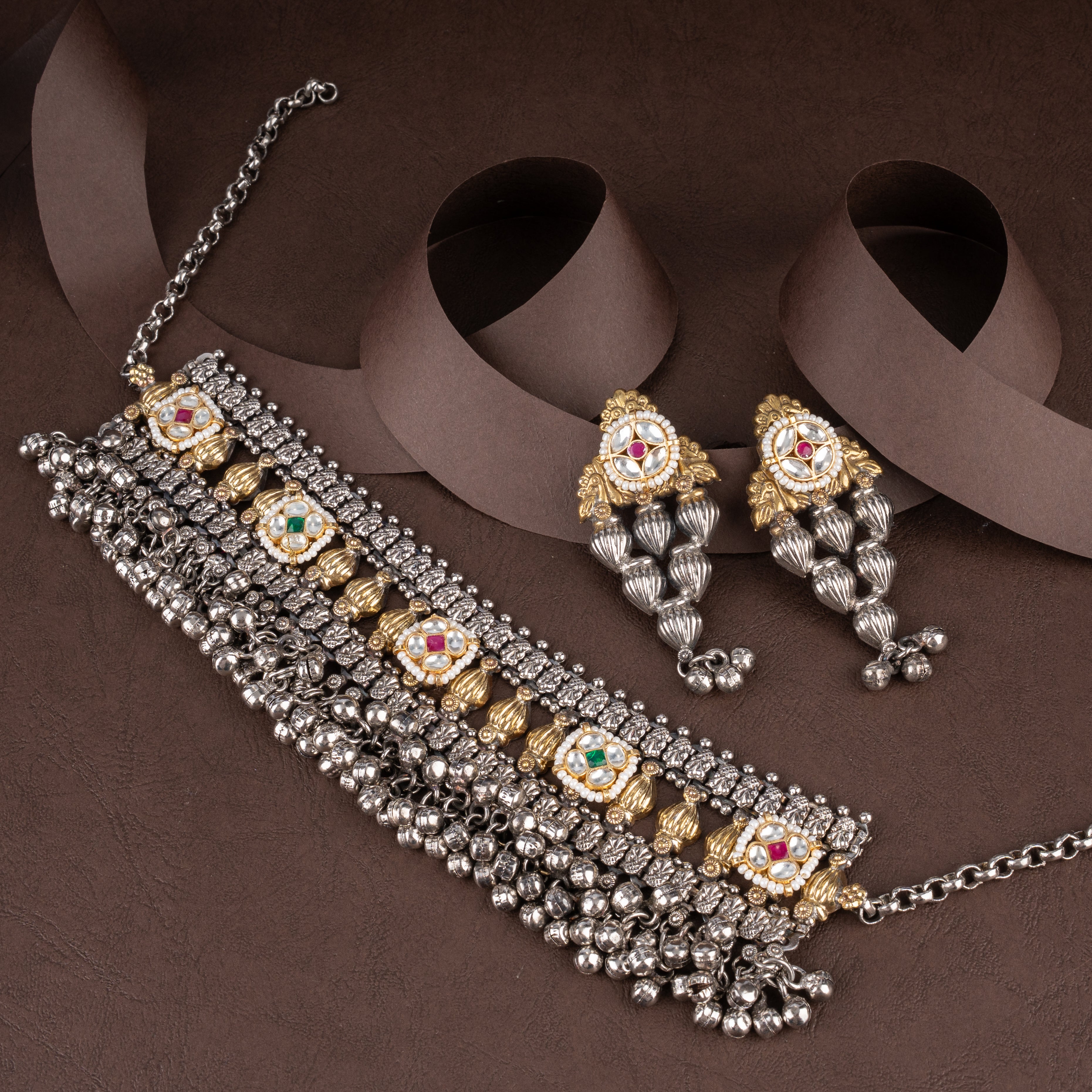 Oxidised Mesh Choker Necklace Set with Kundan Medallions and Fluted Pod Earrings