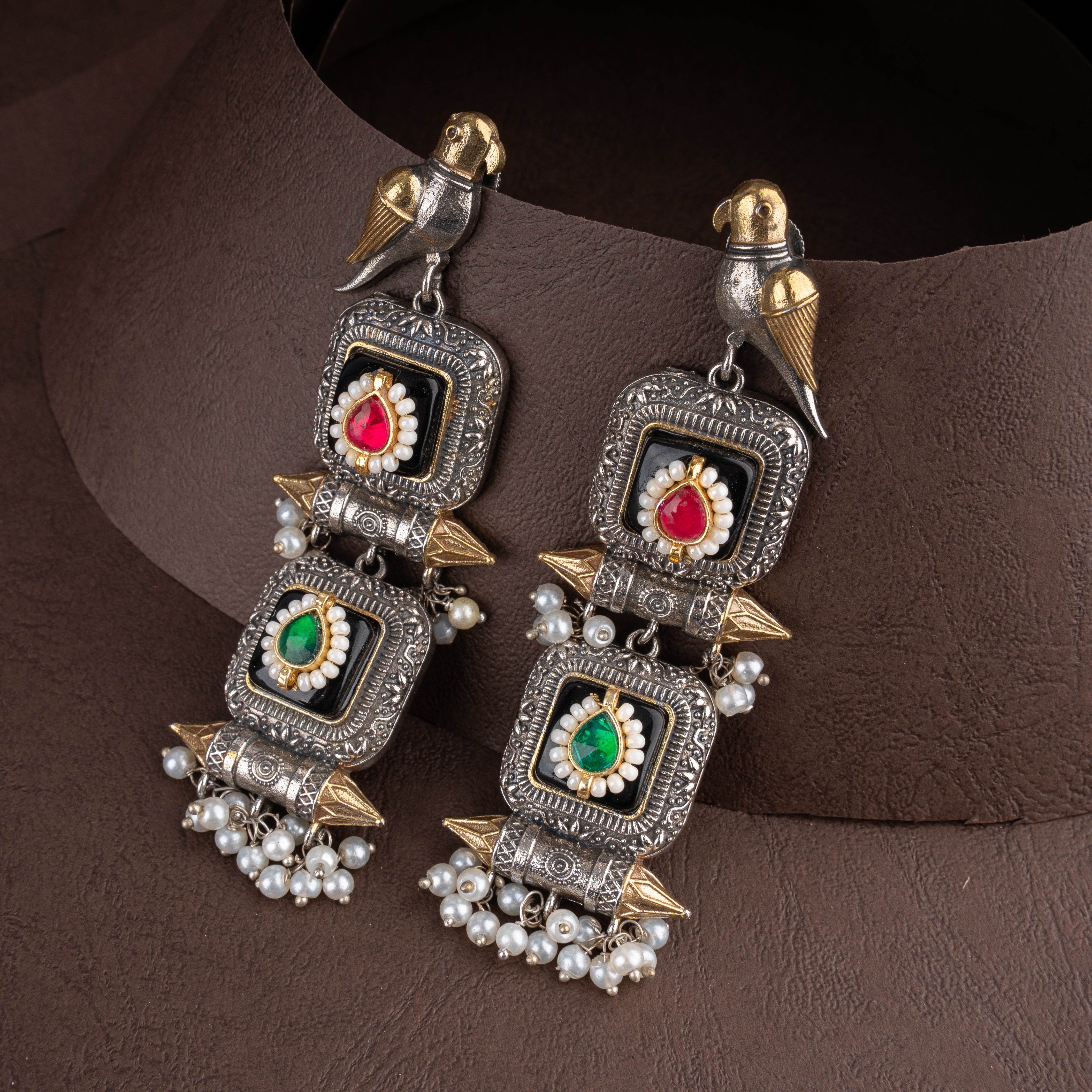 Oxidised Parrot Motif Two-Layer Necklace Set with Kundan Medallions & Drop Earrings