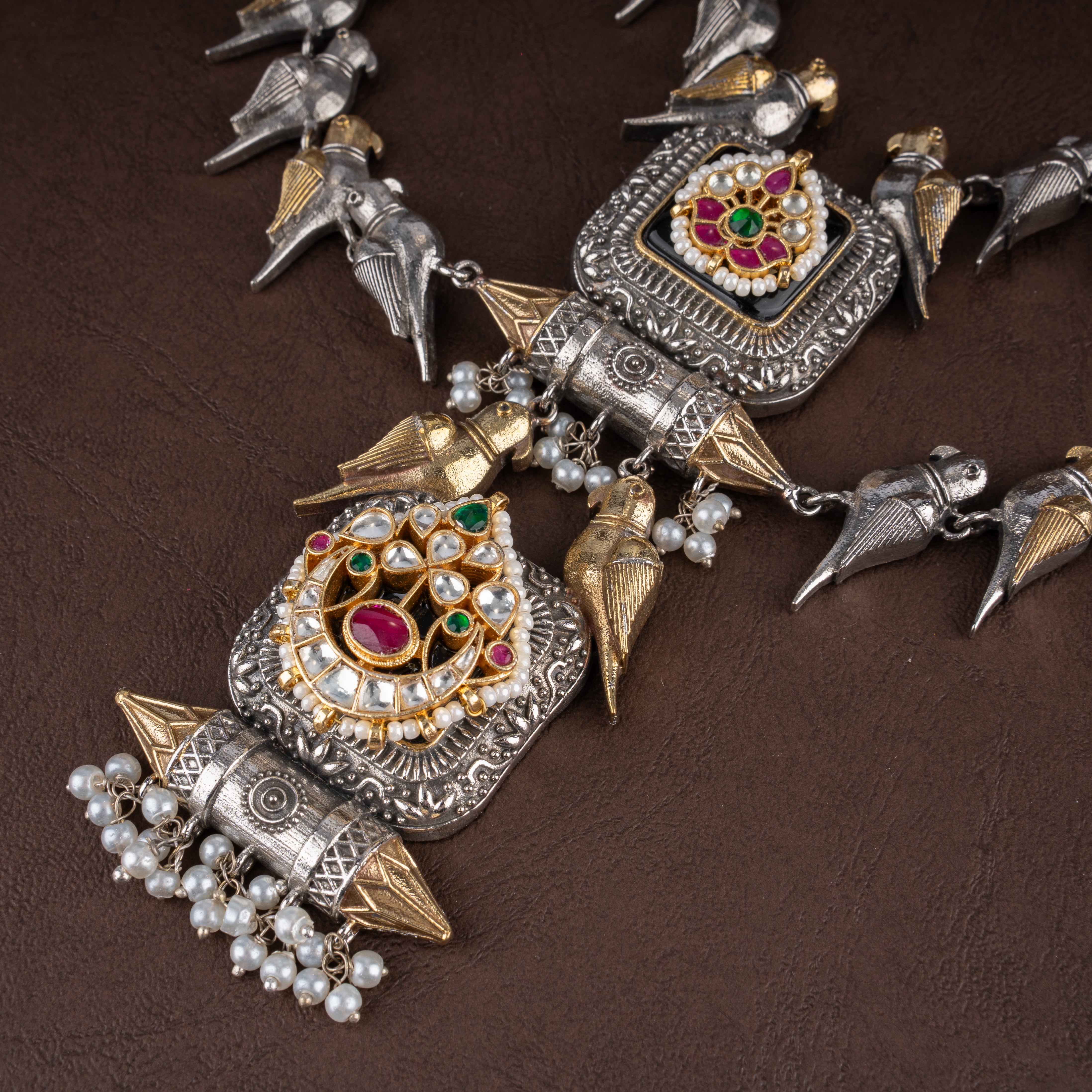 Oxidised Parrot Motif Two-Layer Necklace Set with Kundan Medallions & Drop Earrings