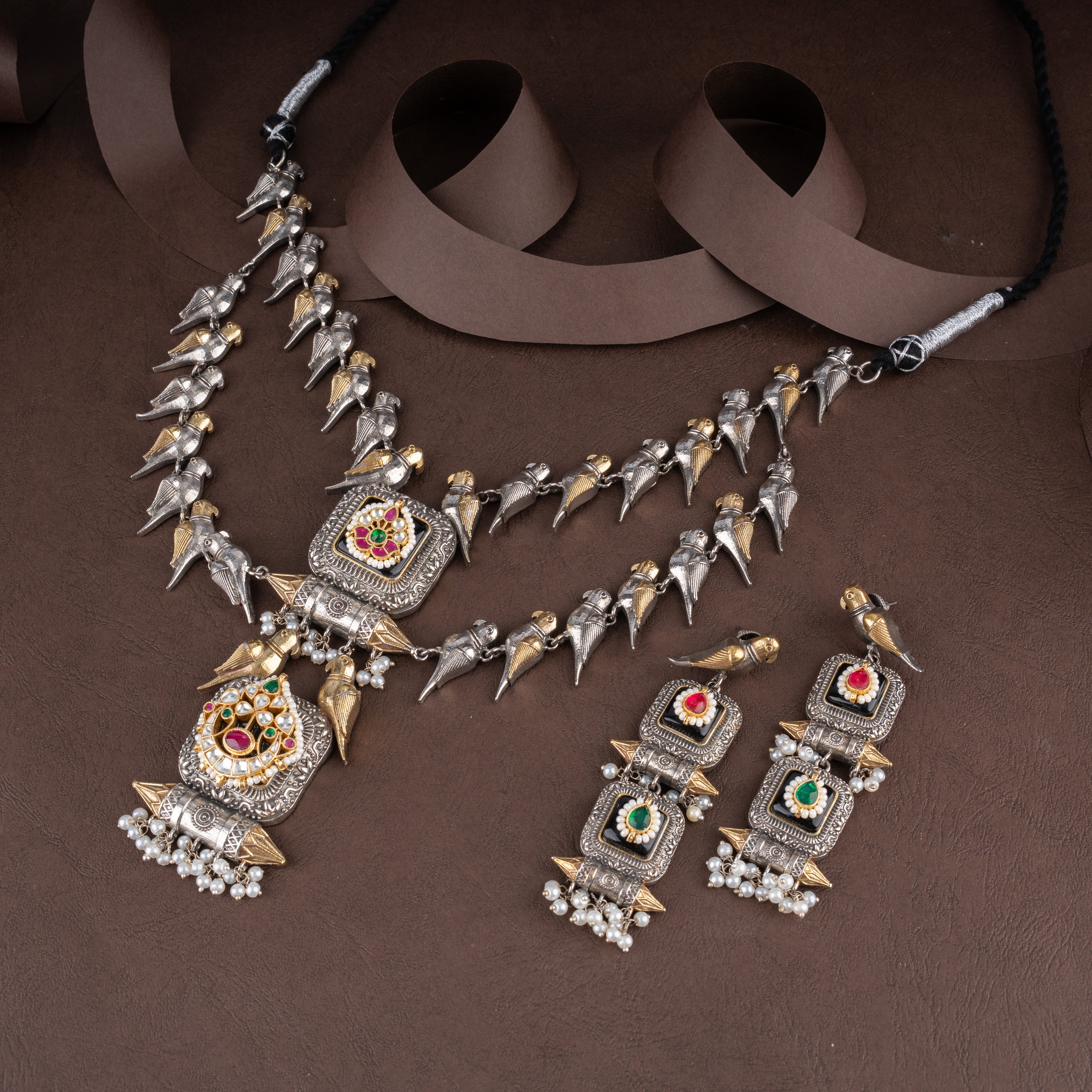 Oxidised Parrot Motif Two-Layer Necklace Set with Kundan Medallions & Drop Earrings