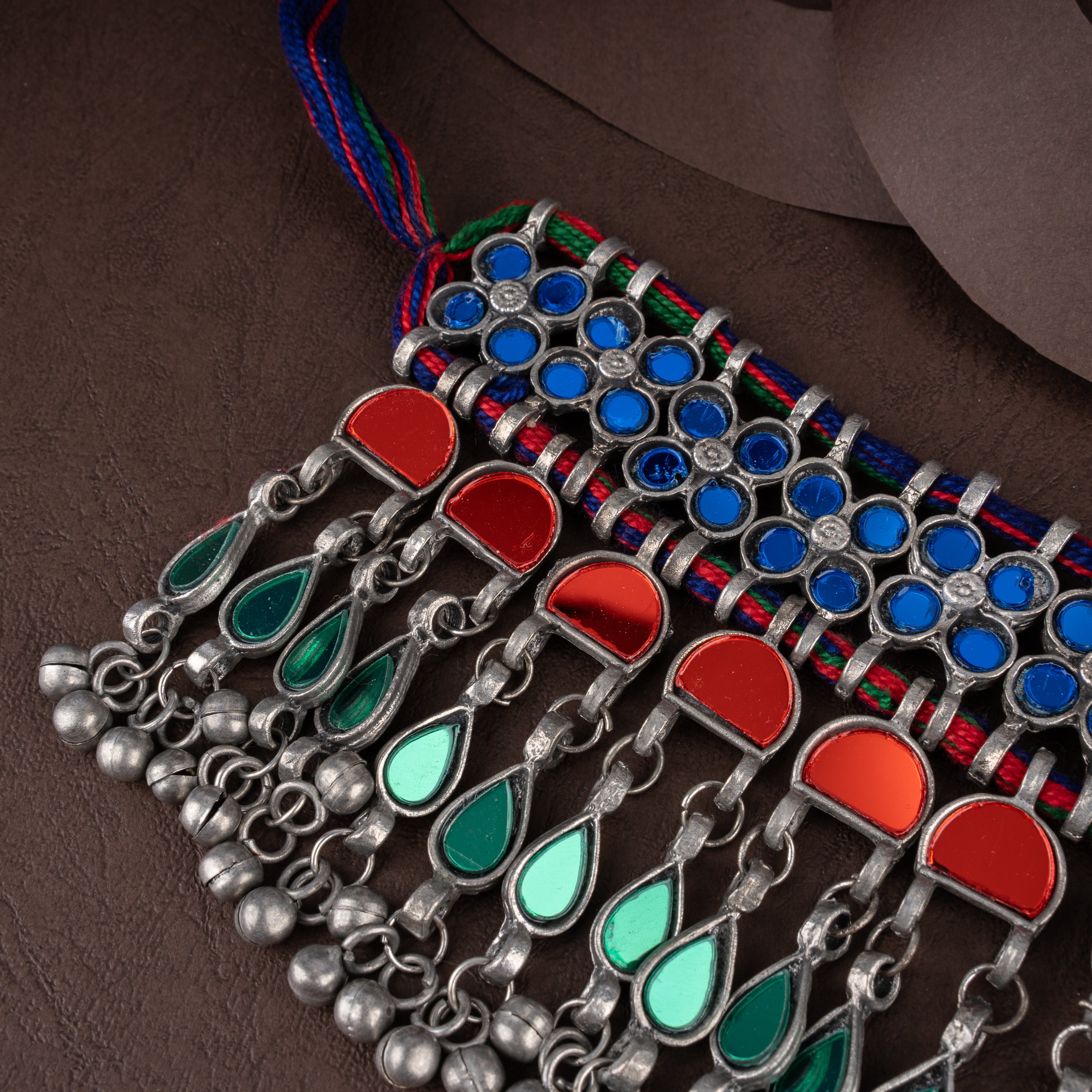 Kutch Tribal Multicolor Glass Mirror Choker Necklace Set with Ghungroo Fringe