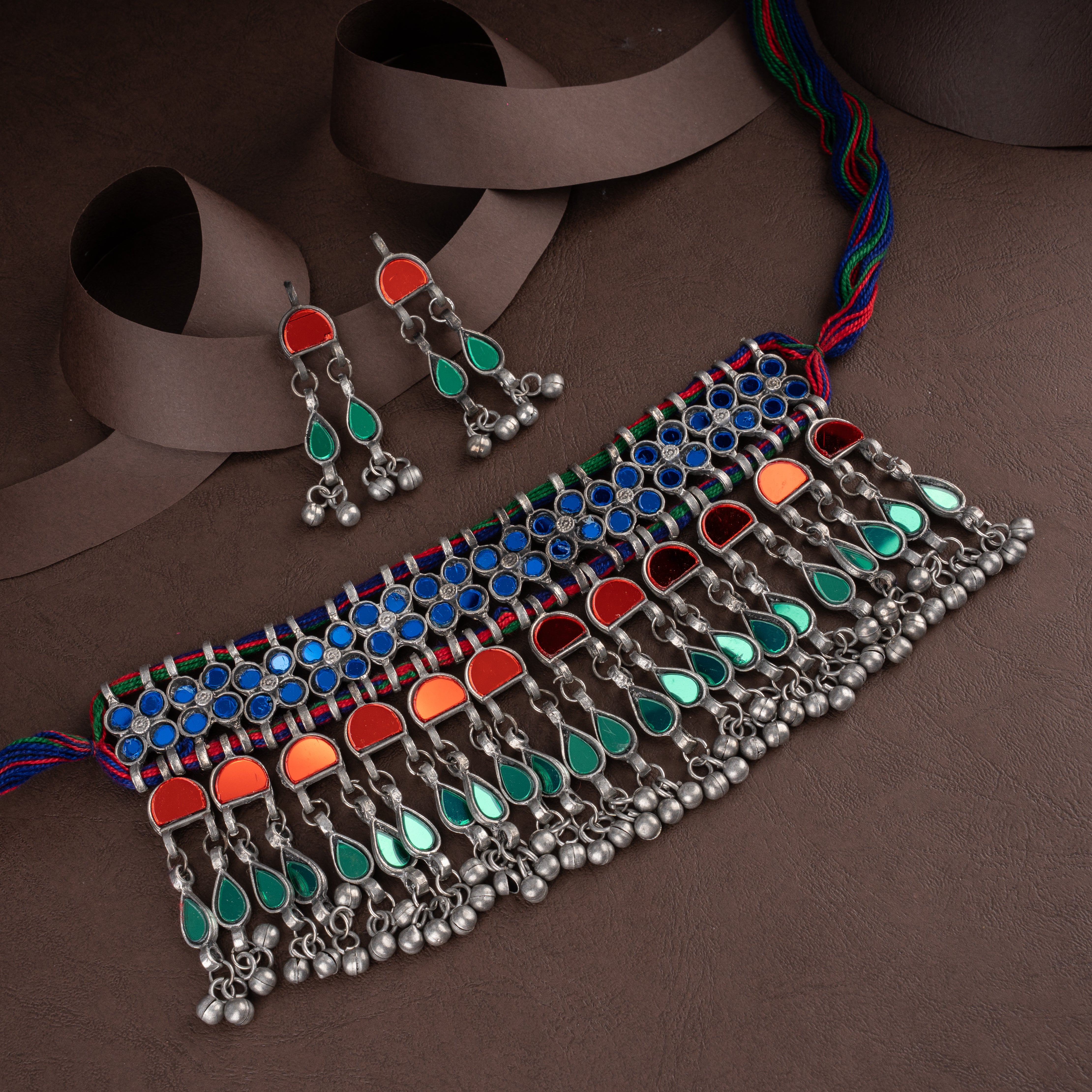 Kutch Tribal Multicolor Glass Mirror Choker Necklace Set with Ghungroo Fringe