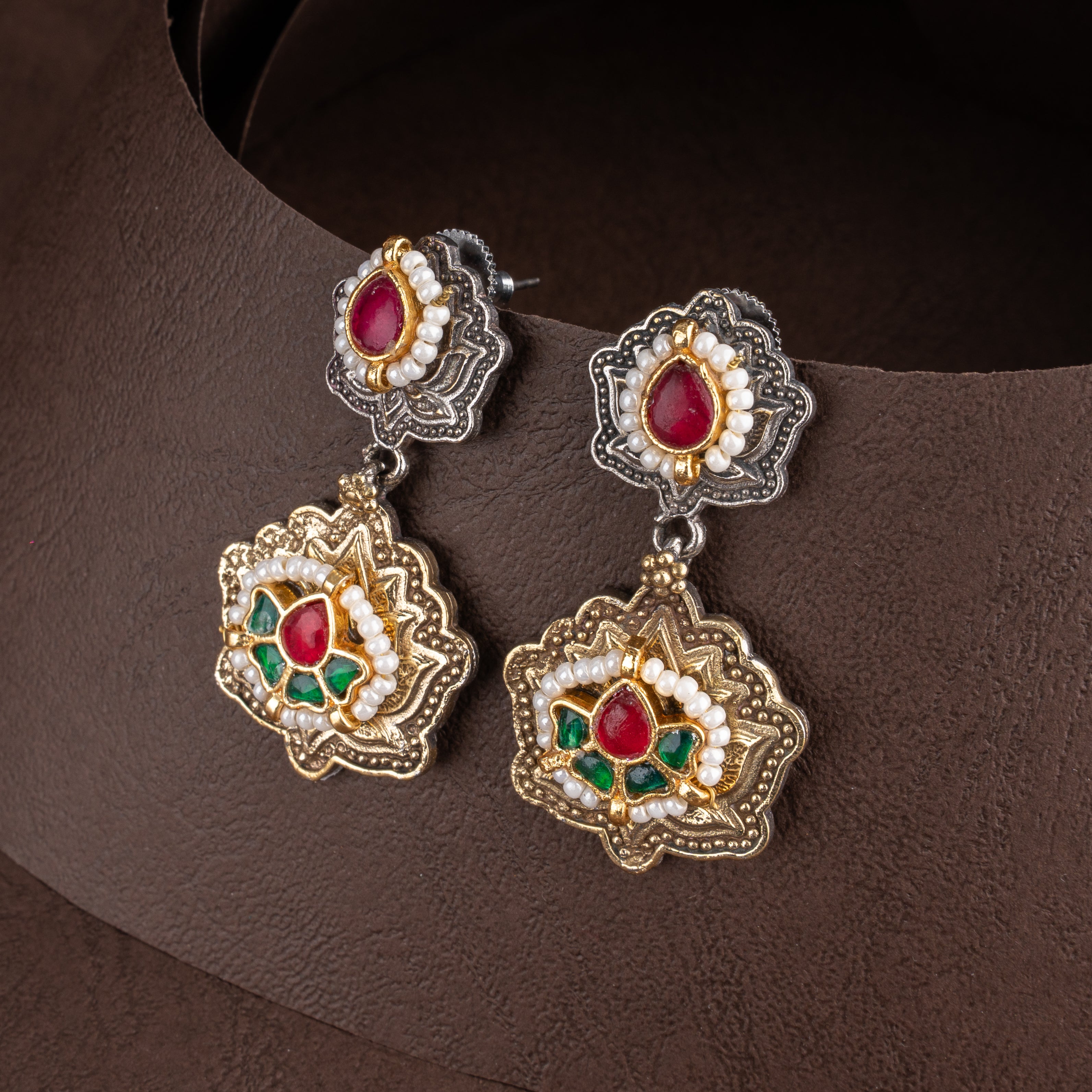 Oxidised Royal Elephant Medallion Hasli Collar Necklace Set with Kundan Floral Drops