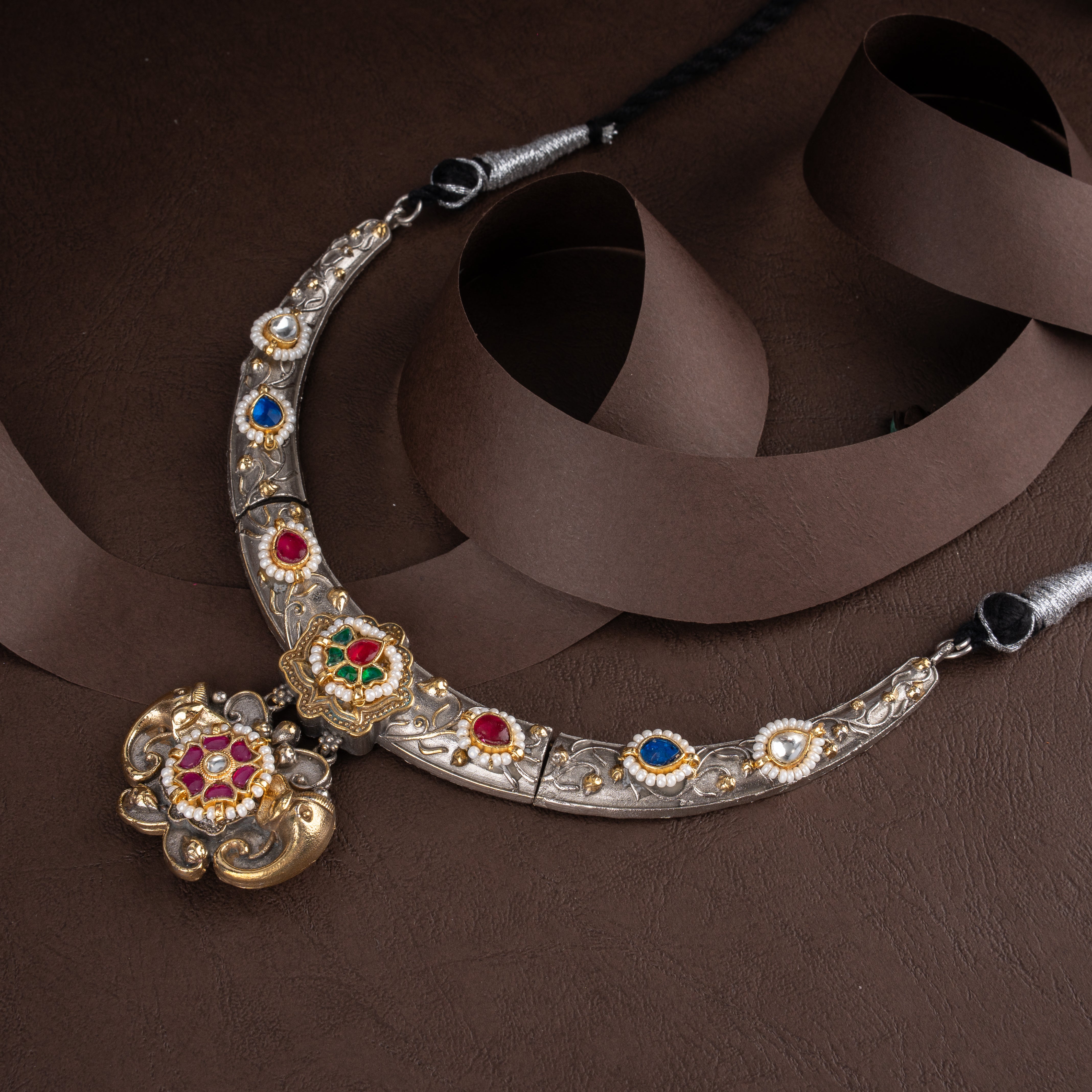 Oxidised Royal Elephant Medallion Hasli Collar Necklace Set with Kundan Floral Drops