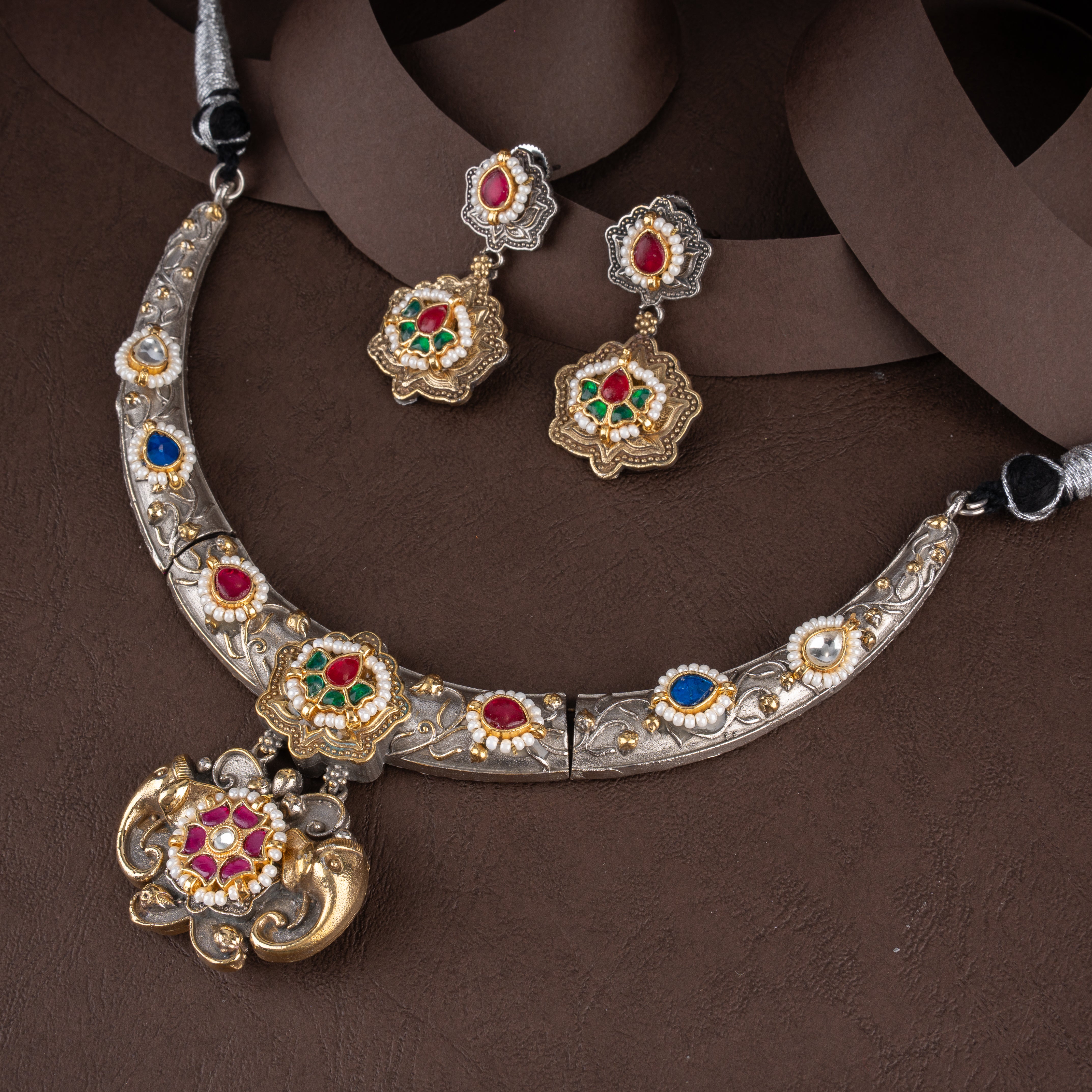 Oxidised Royal Elephant Medallion Hasli Collar Necklace Set with Kundan Floral Drops